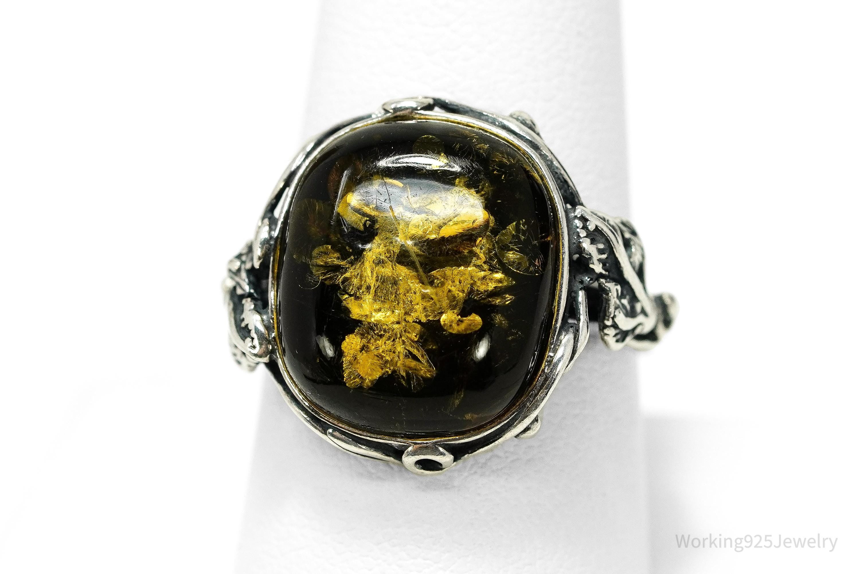 Vintage Large Amber Modernist Style Sterling Silver Ring - Size 9