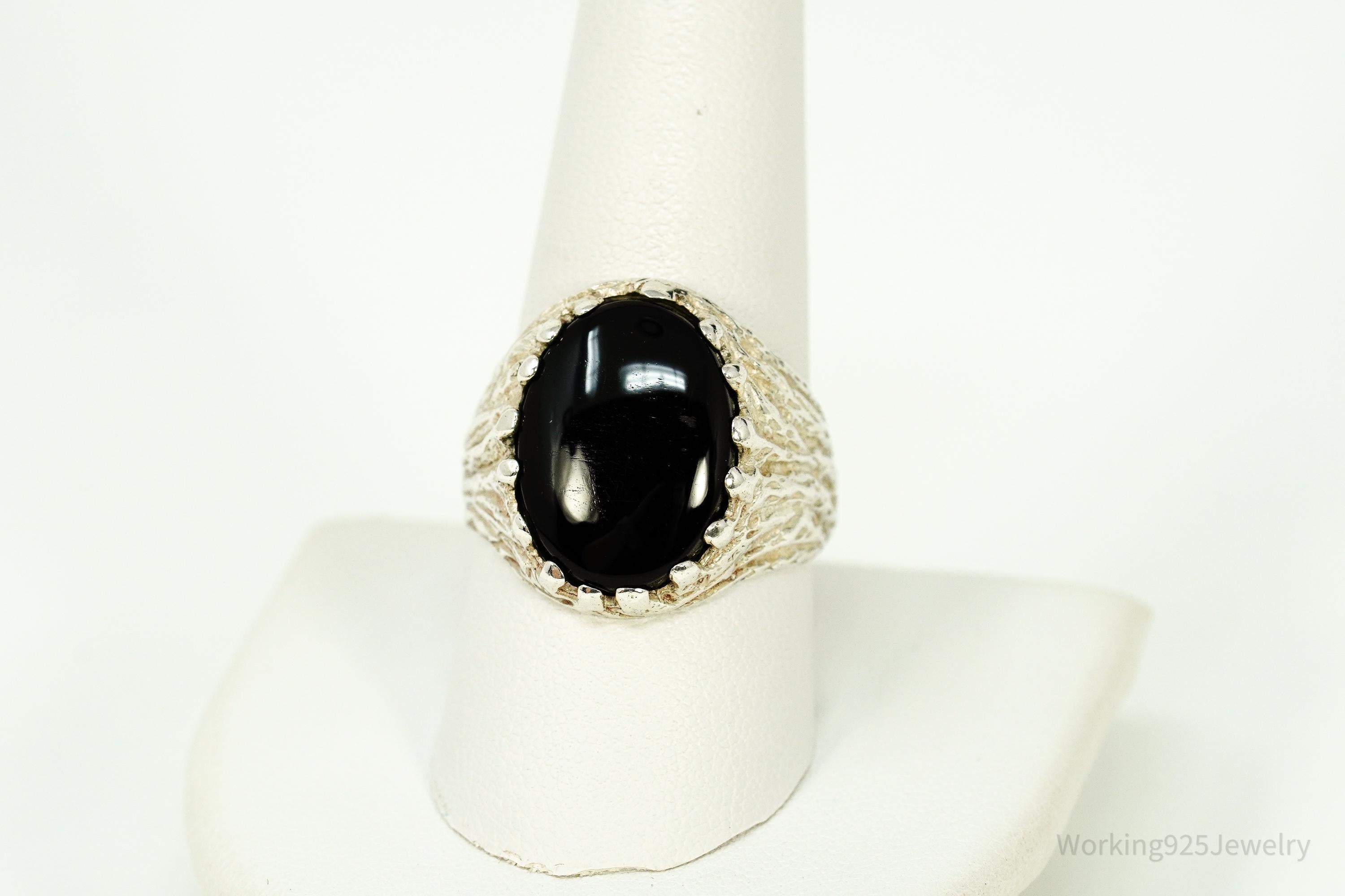 Vintage Black Onyx Brutalist Style Sterling Silver Ring - Size 9.5
