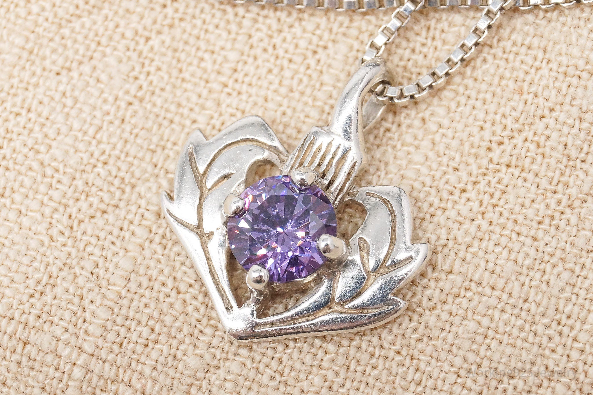 Vintage Purple Cubic Zirconia Scottish Thistle Sterling Silver Necklace 18"