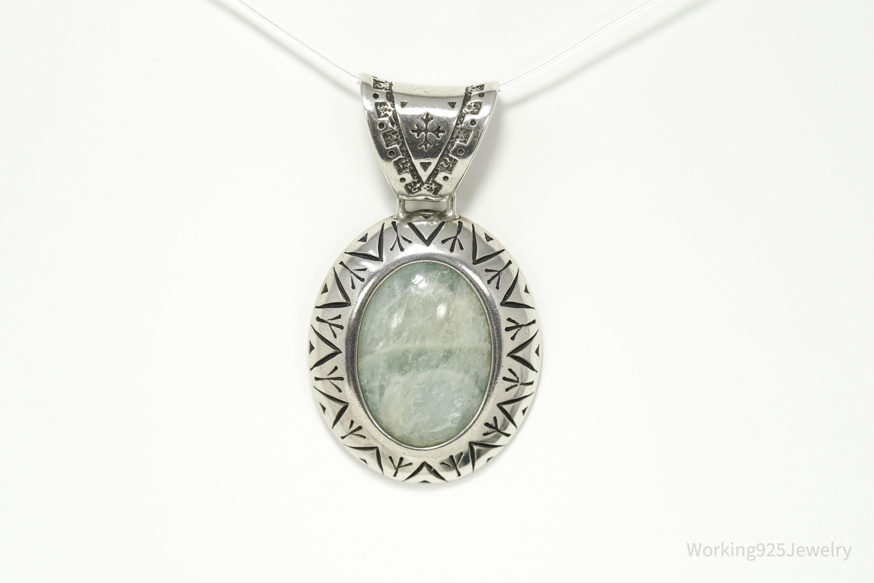 Large Vintage Carolyn Pollack Relios Milky Aquamarine Sterling Silver Pendant 2"