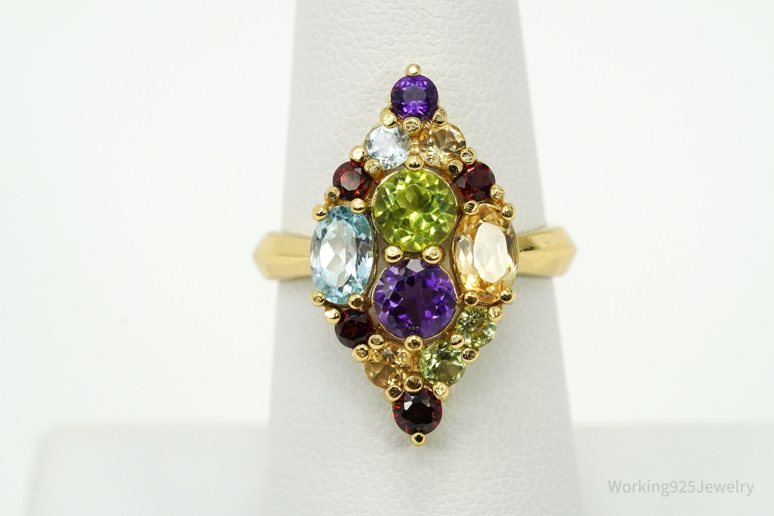 Designer PAJ Multi Gem Gold Vermeil Sterling Silver Ring - Size 7