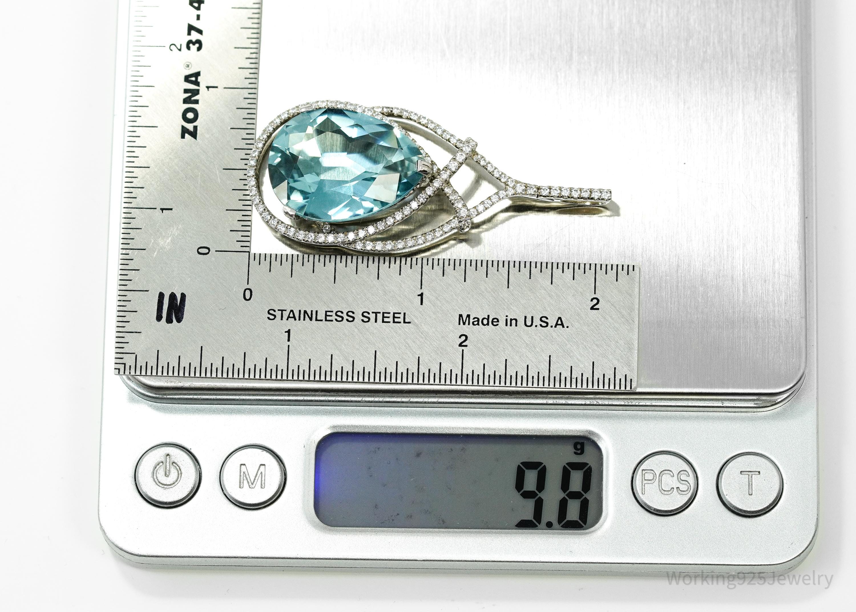 STAUER Large Blue Topaz & White Zircon Sterling Silver Pendant