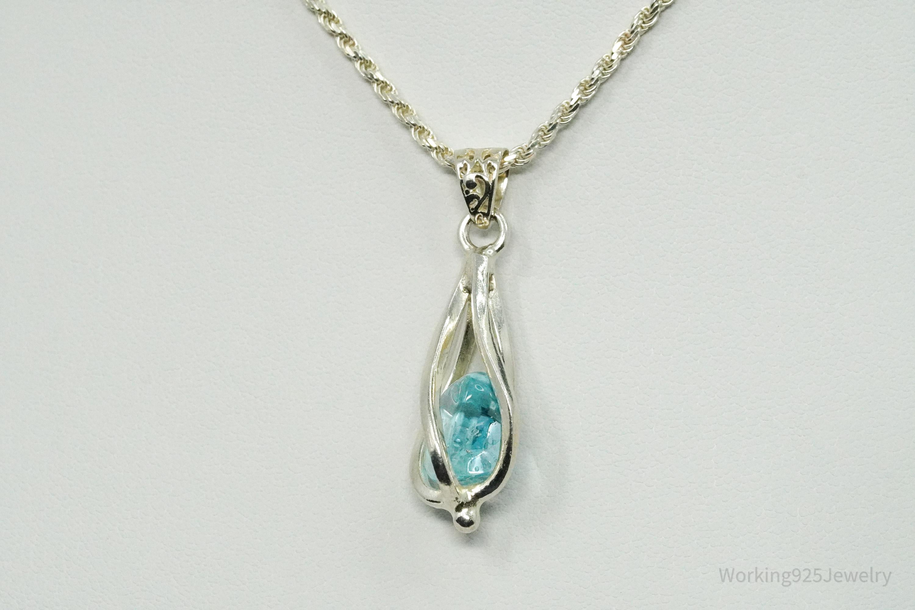 Vintage Caged Blue Stone Sterling Silver Necklace 18"