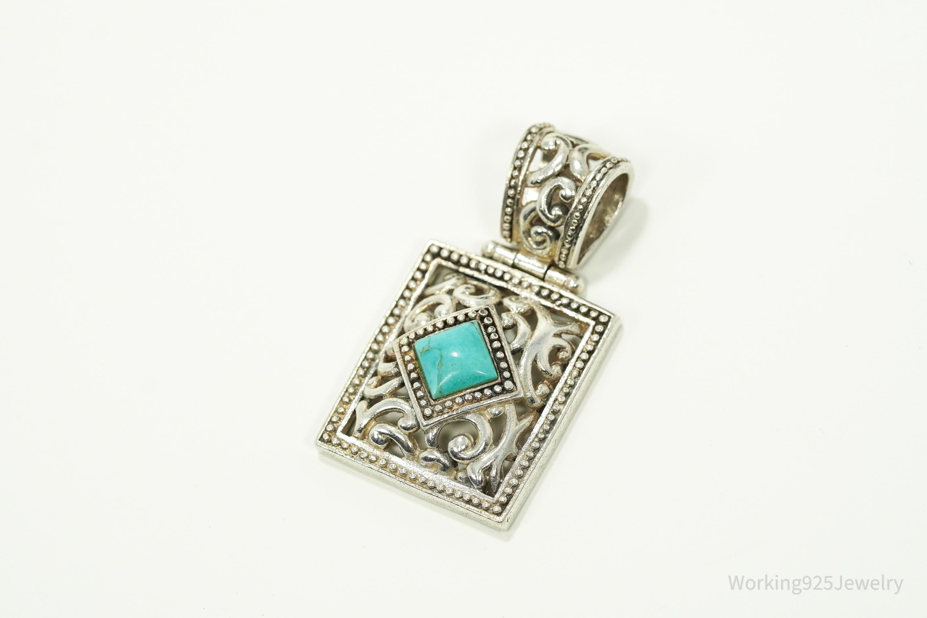 Large Vintage Turquoise Filigree Sterling Silver Necklace Pendant 1 5/8"