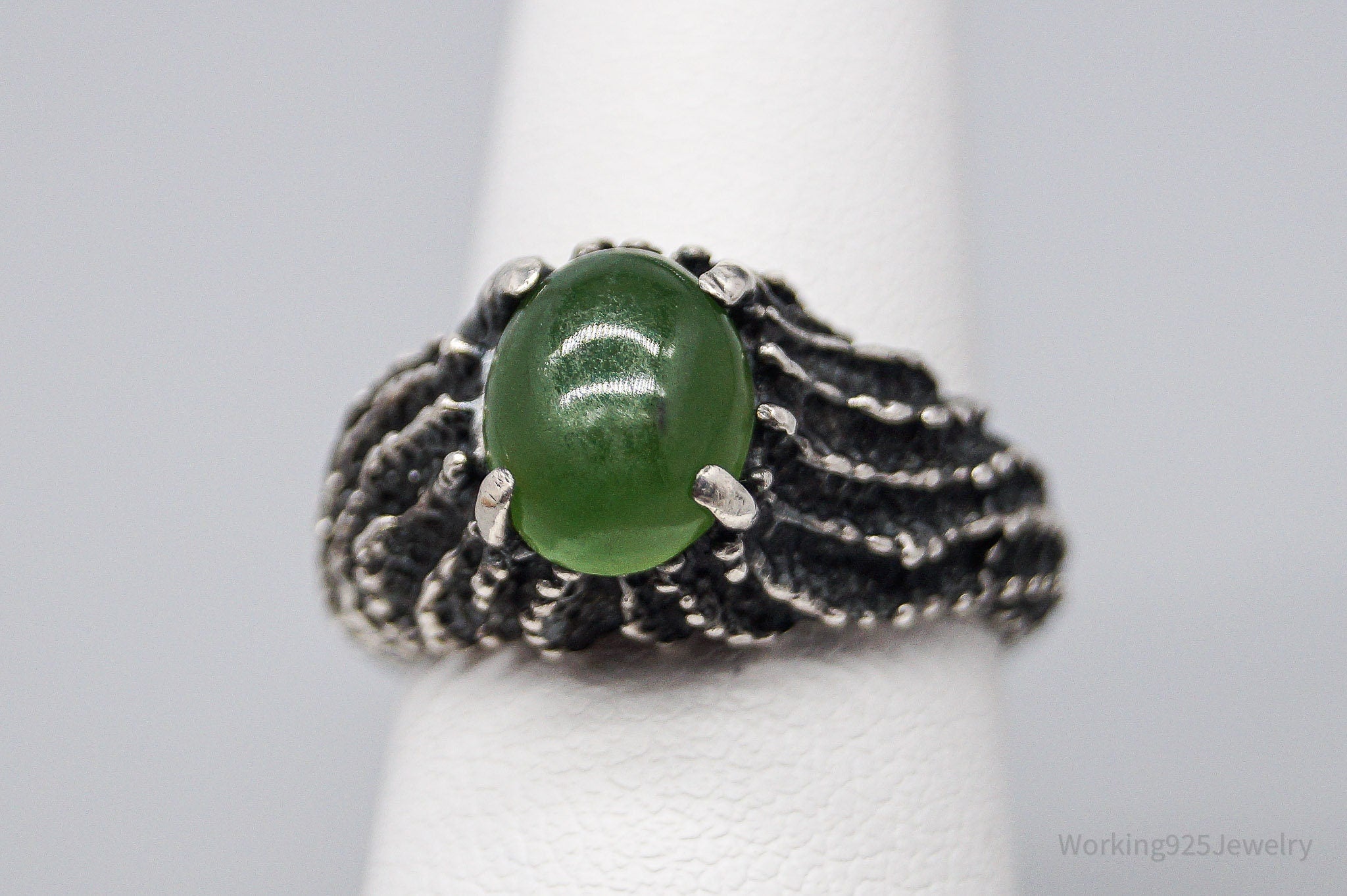 Vintage Brutalist Modernist Jade Sterling Silver Ring - Size 6