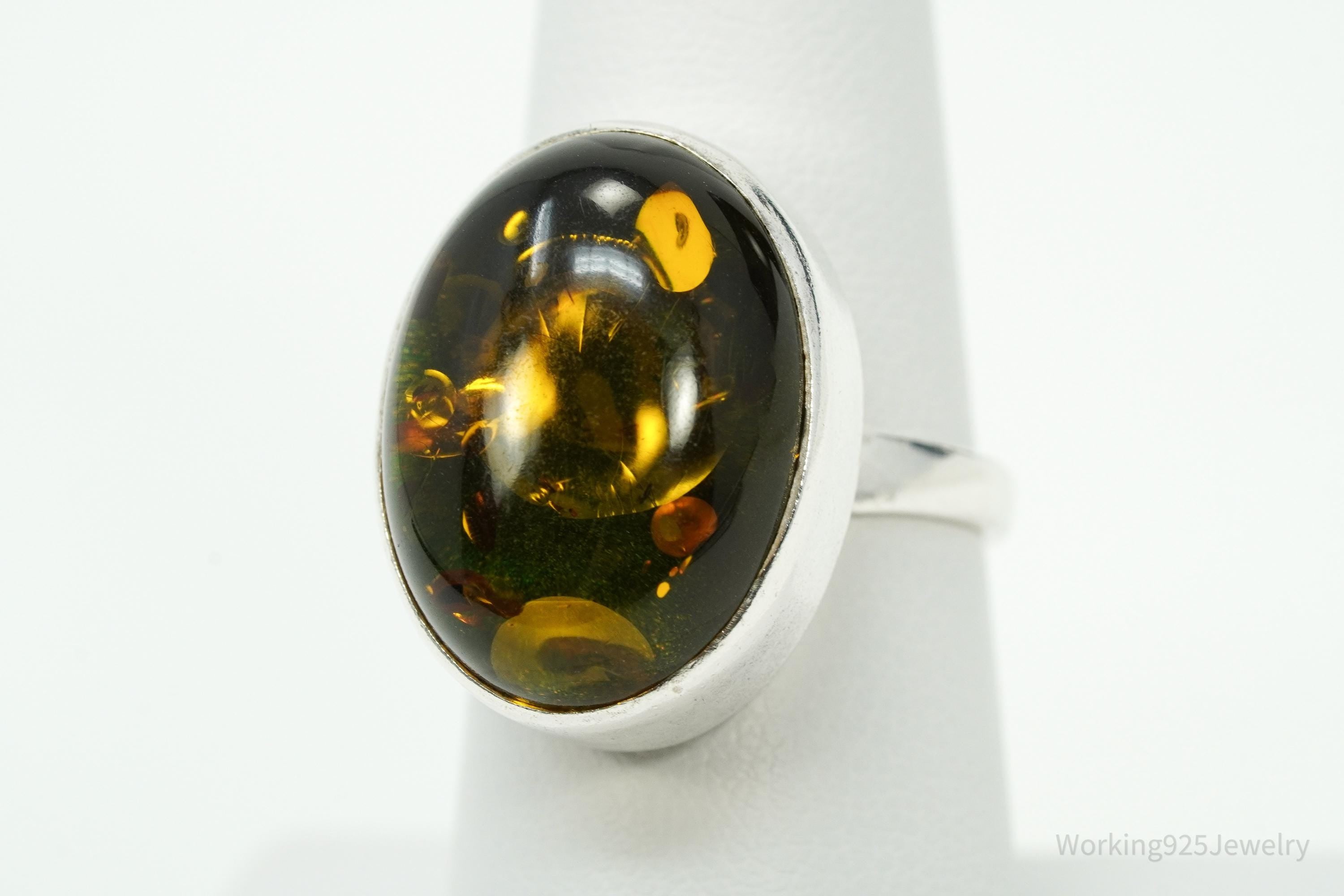 Vintage Polish Large Amber Sterling Silver Ring - Size 7