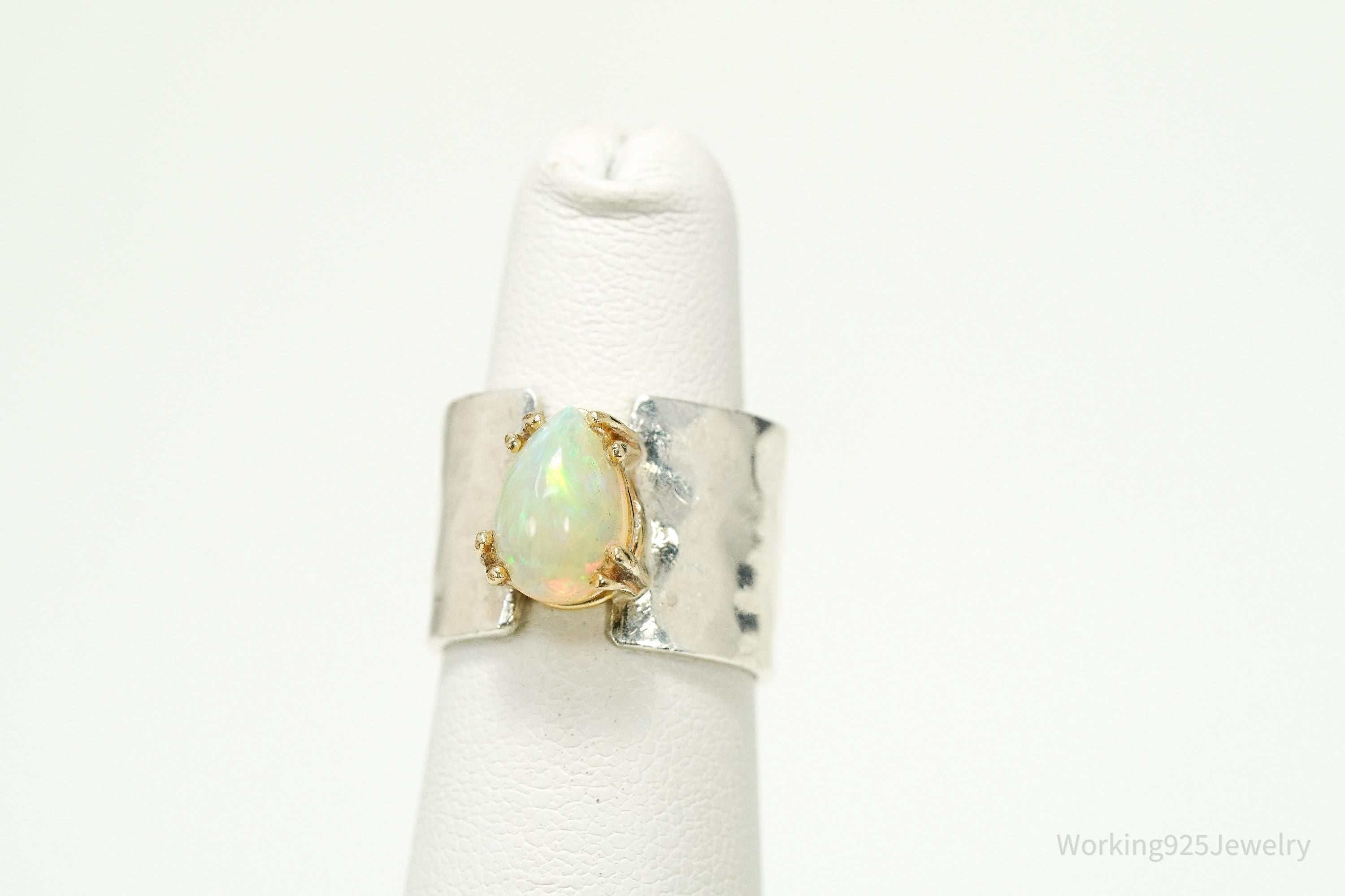 Vintage Opal Hammered Style Band Gold Vermeil Silver Ring - Size 5.5