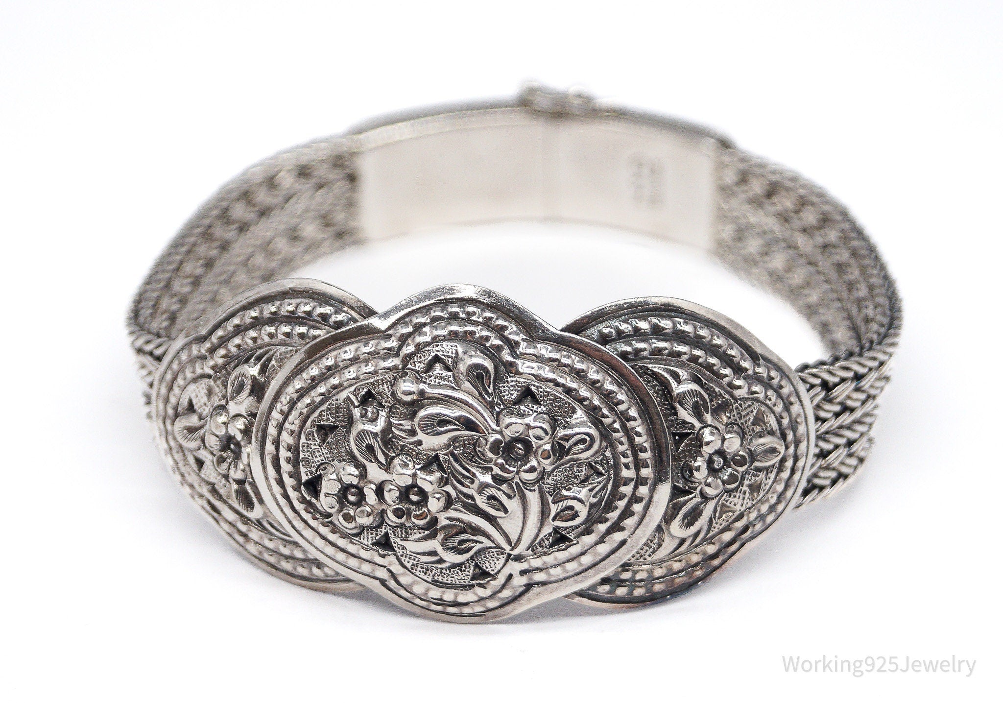 Vintage Floral Pattern Repousse Sterling Silver Bracelet 7 1/8"