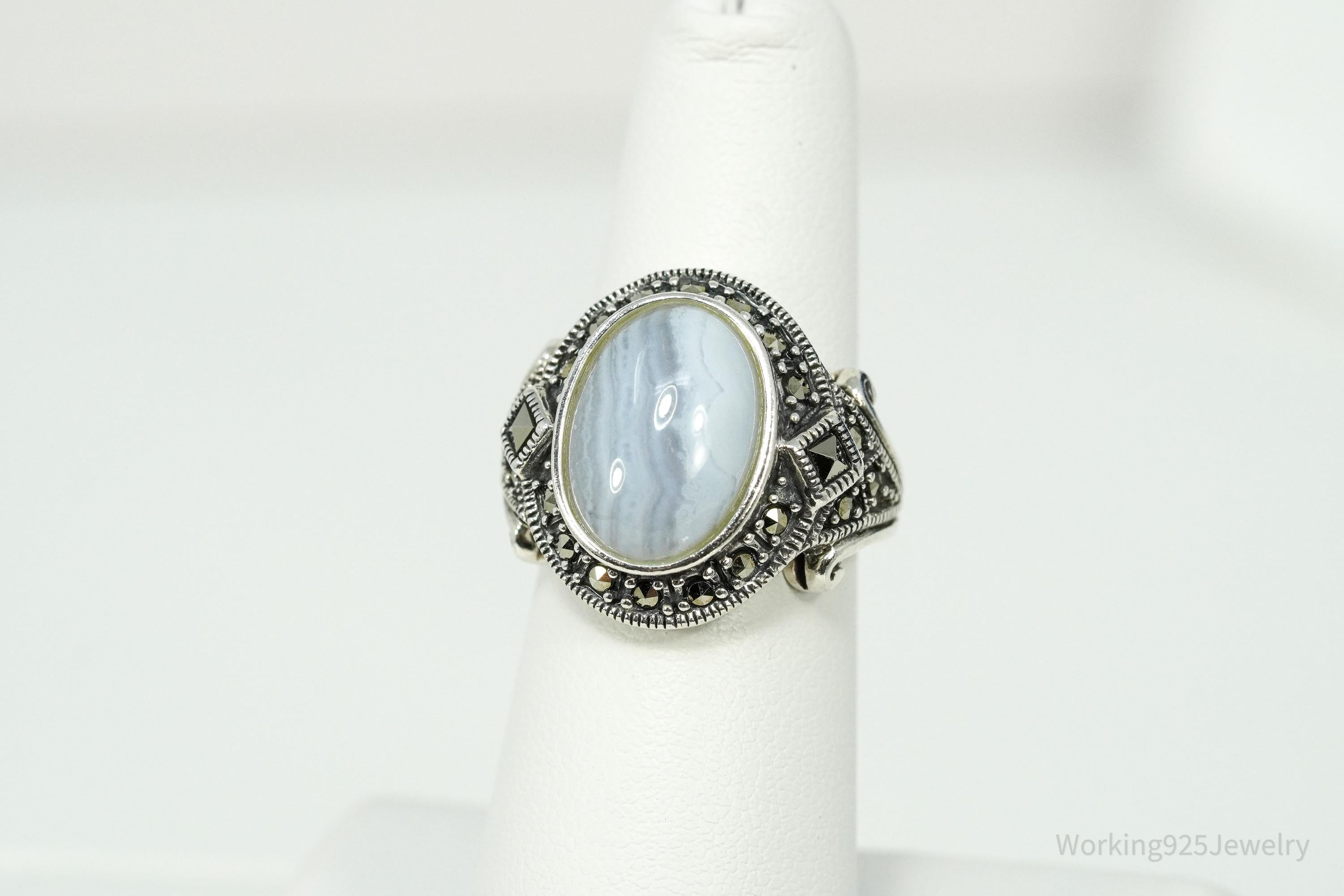 Vintage Blue Lace Agate & Marcasite Sterling Silver Ring - Size 6