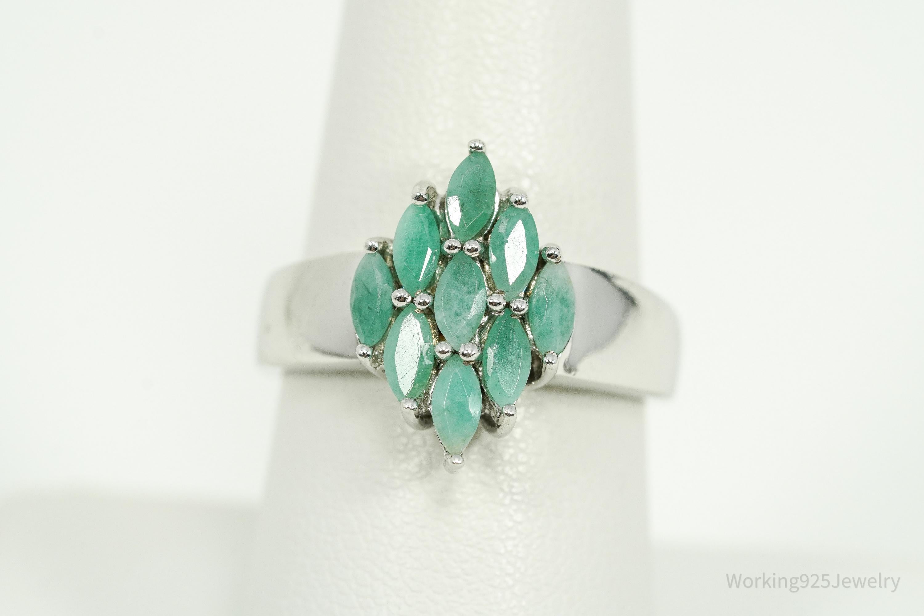 Vintage QJ Green Emerald Sterling Silver Ring - Size 8