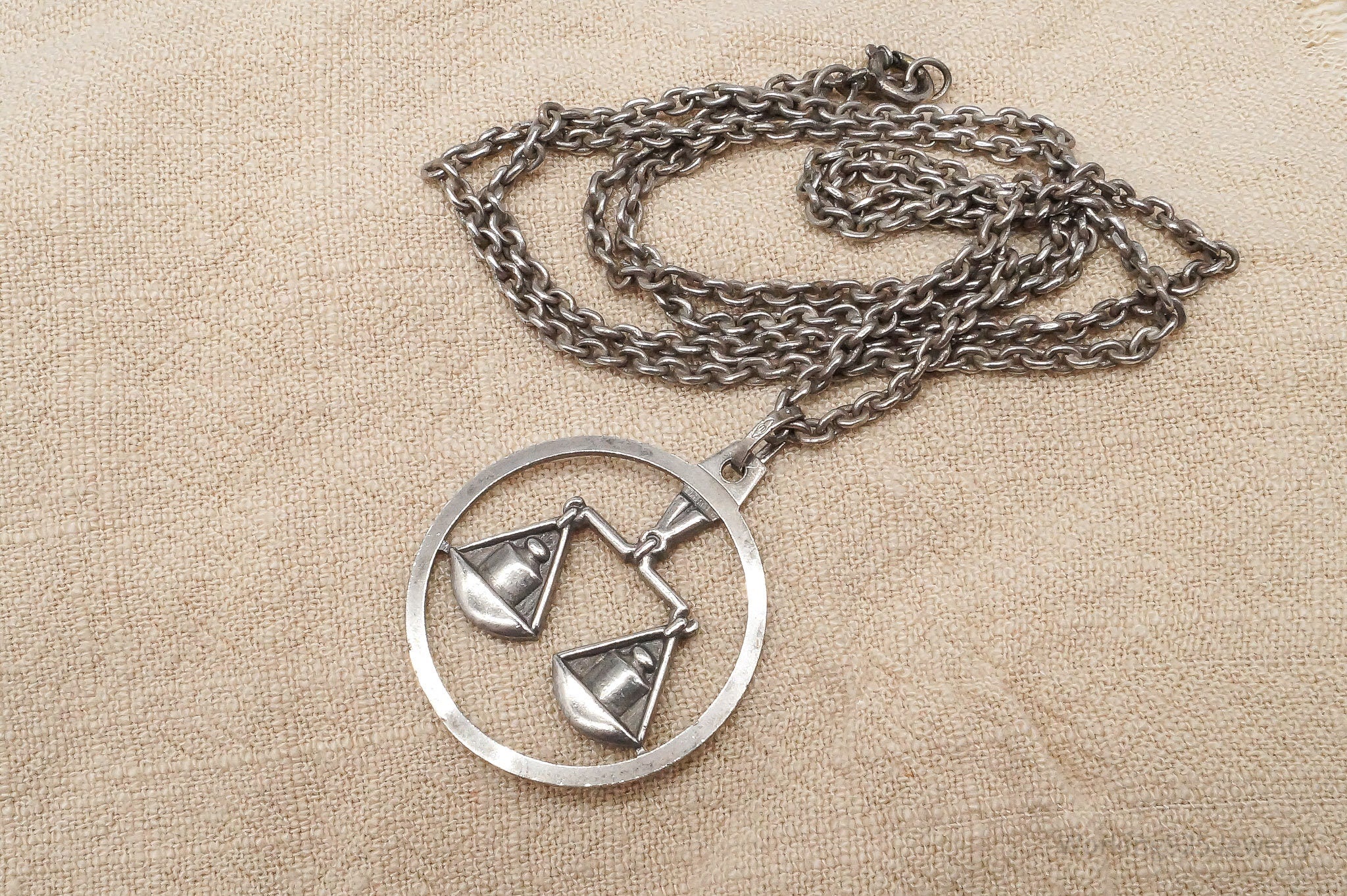 Antique Norwegian Libra Sign Sterling Silver Necklace - 24"