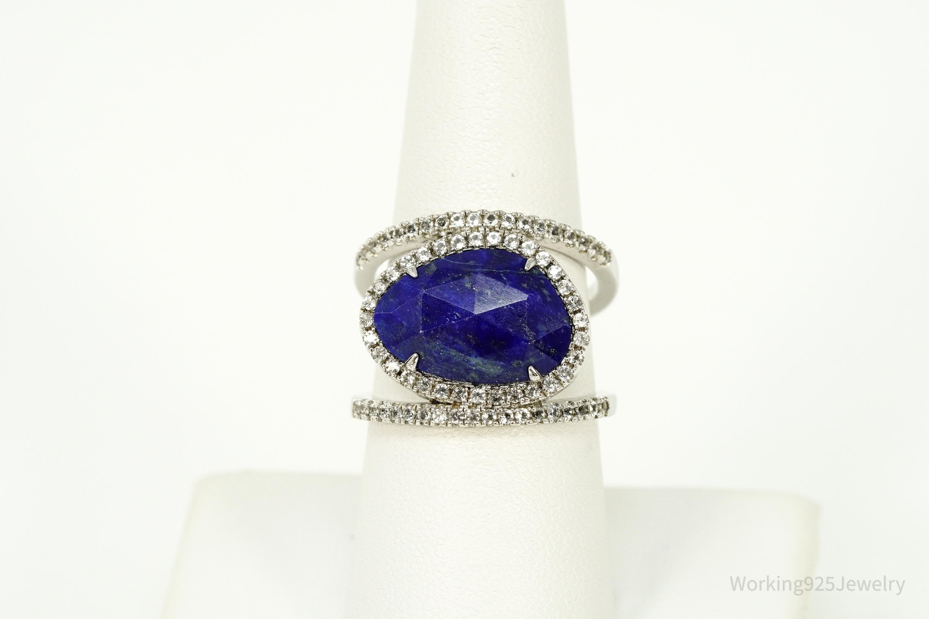 Vintage JCM Lapis Lazuli & Cubic Zirconia Sterling Silver Ring - Size 8