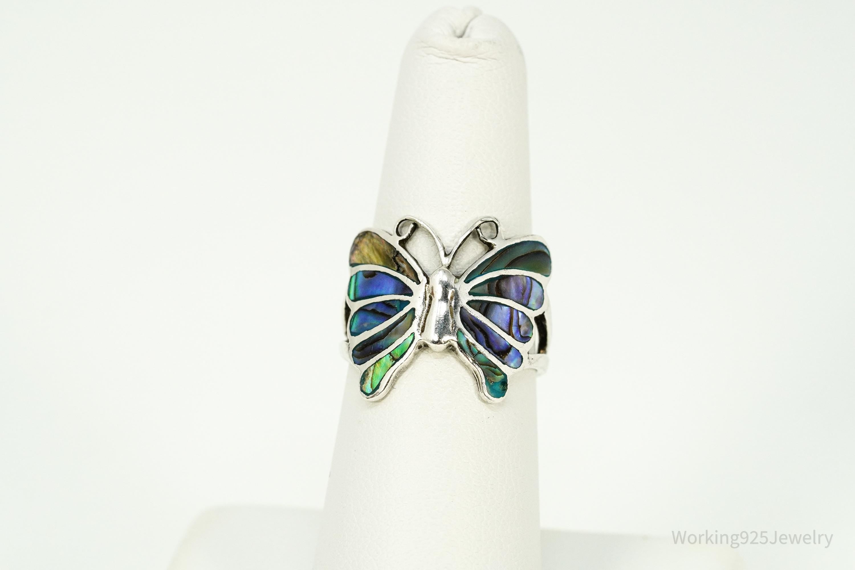 Vintage Abalone Paua Shell Inlay Sterling Silver Butterfly Ring - Size 7
