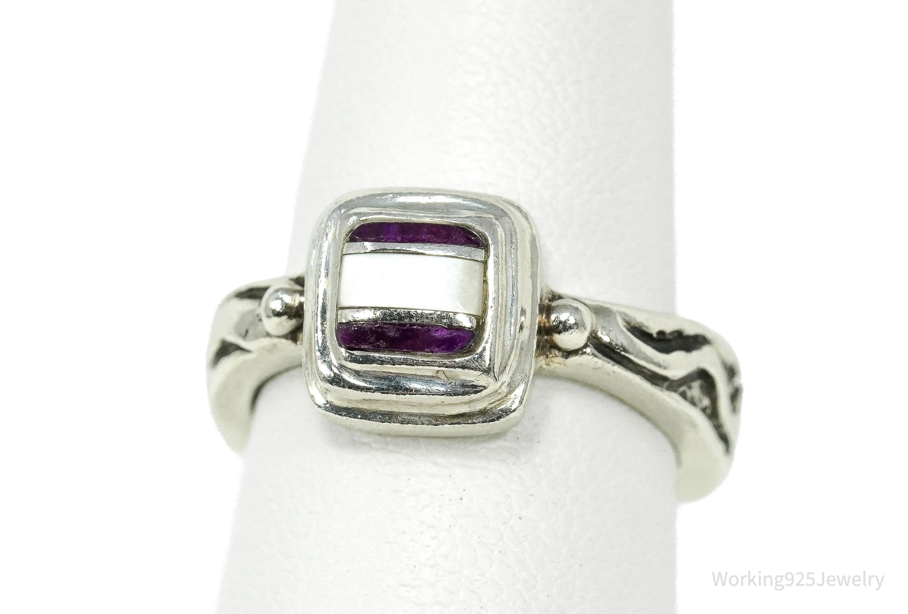Vintage DeSantis Jewelry Co Mother Of Pearl & Charoite Inlay Sterling Silver Ring - Size 5.75