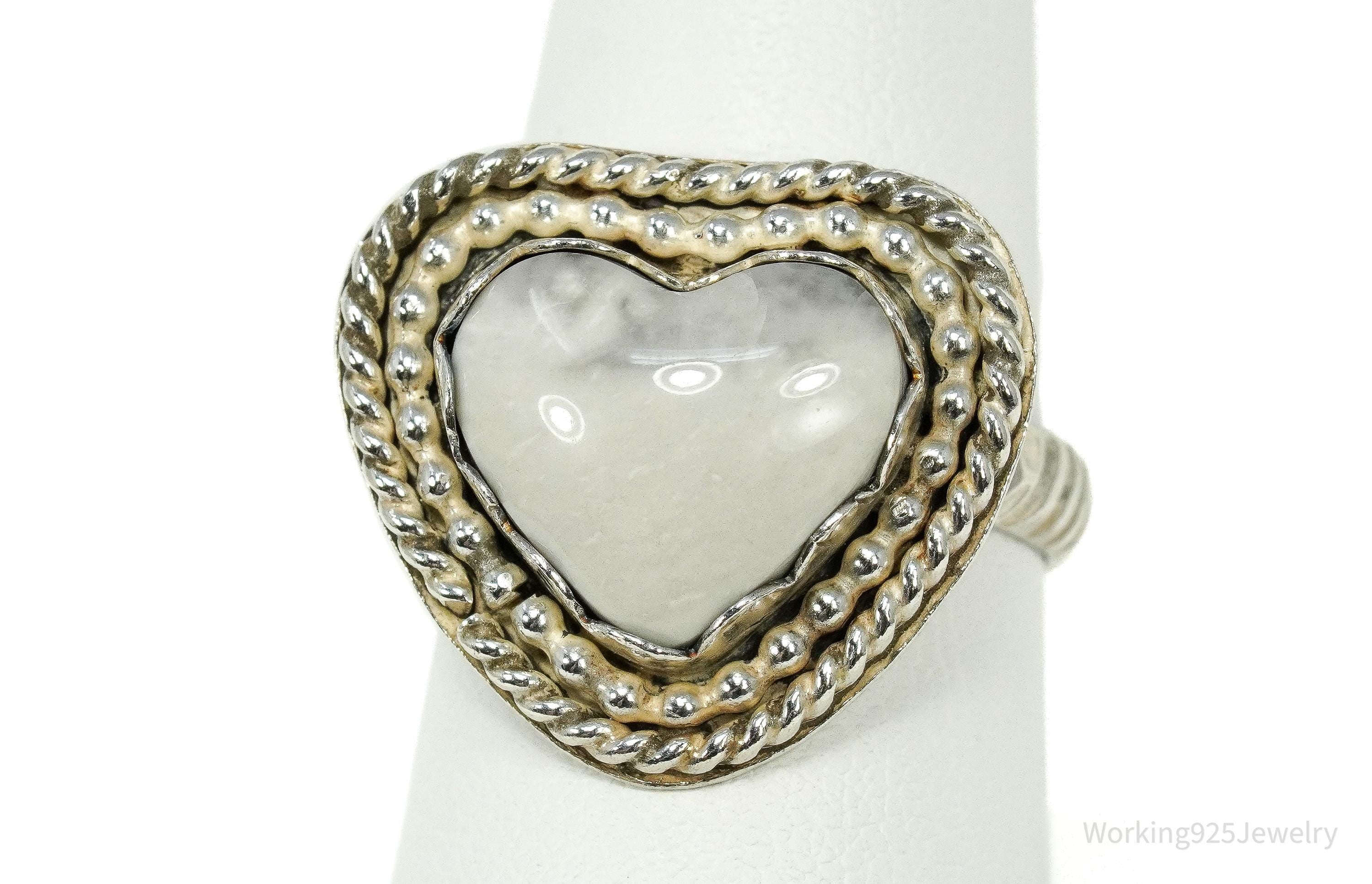 Vintage Native White Stone Heart Sterling Silver Ring - Size 8.75