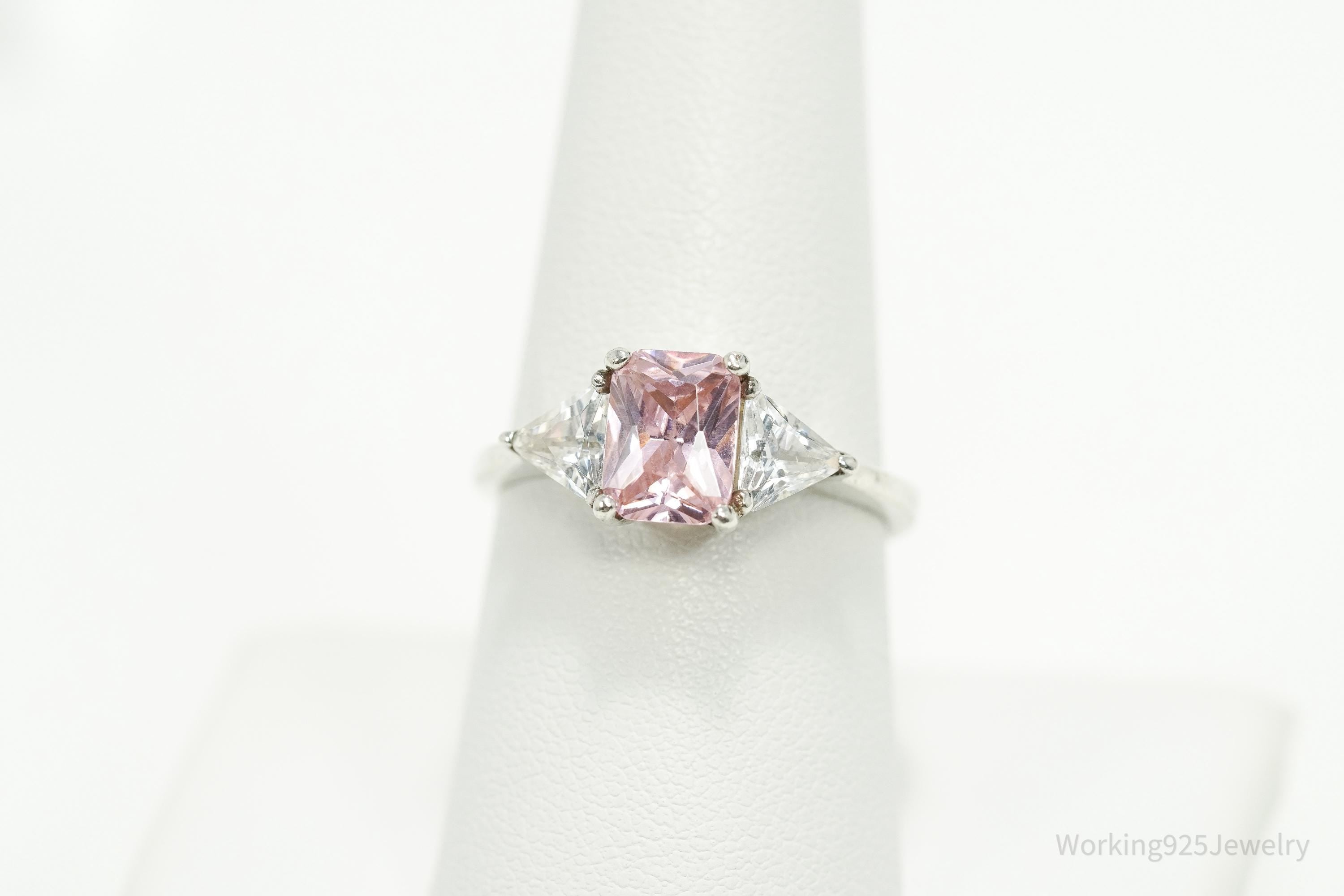 Vintage Pink & White Cubic Zirconia Sterling Silver Ring - Size 8.25