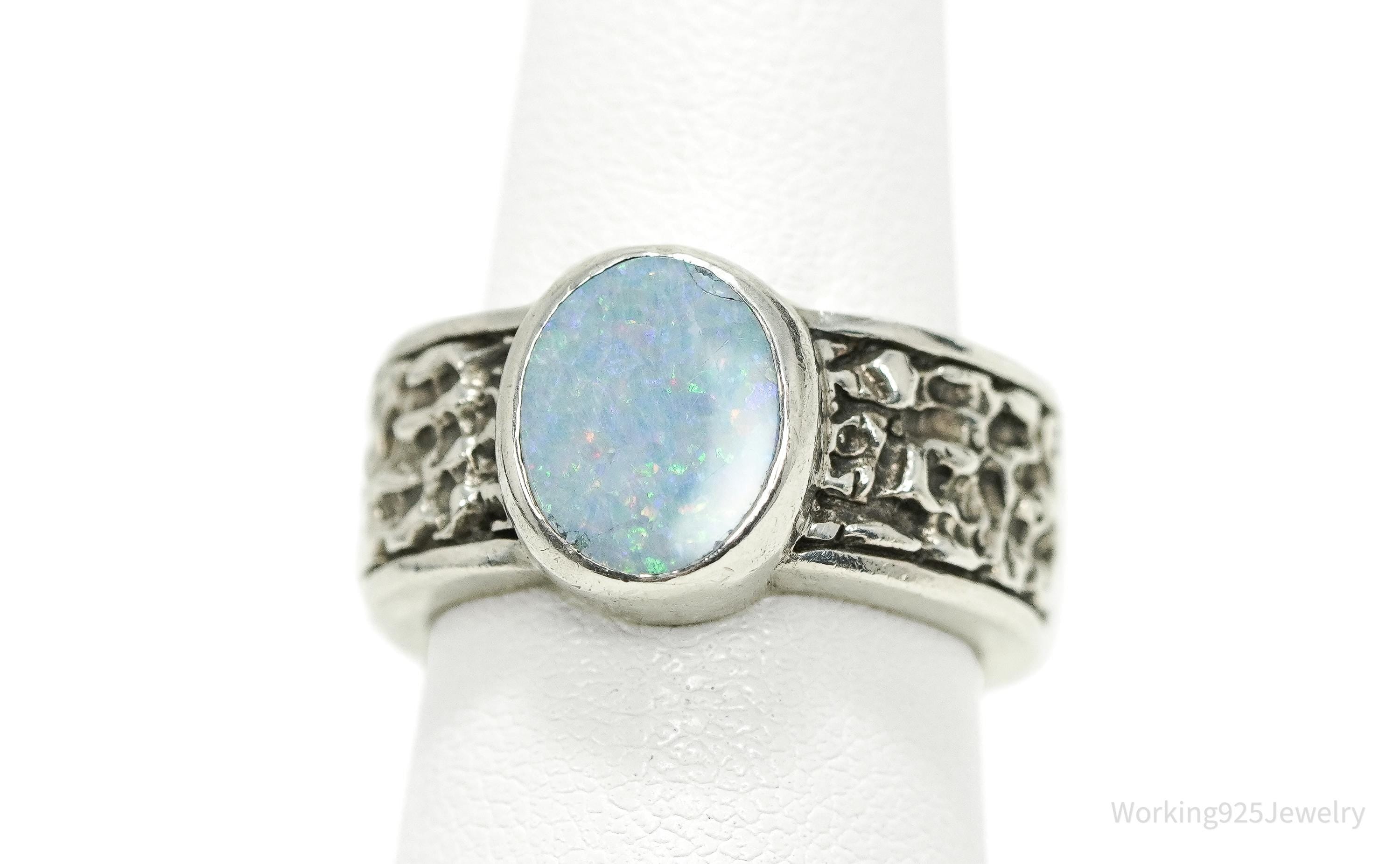 Vintage Opal Brutalist Style Sterling Silver Ring - Size 6.25