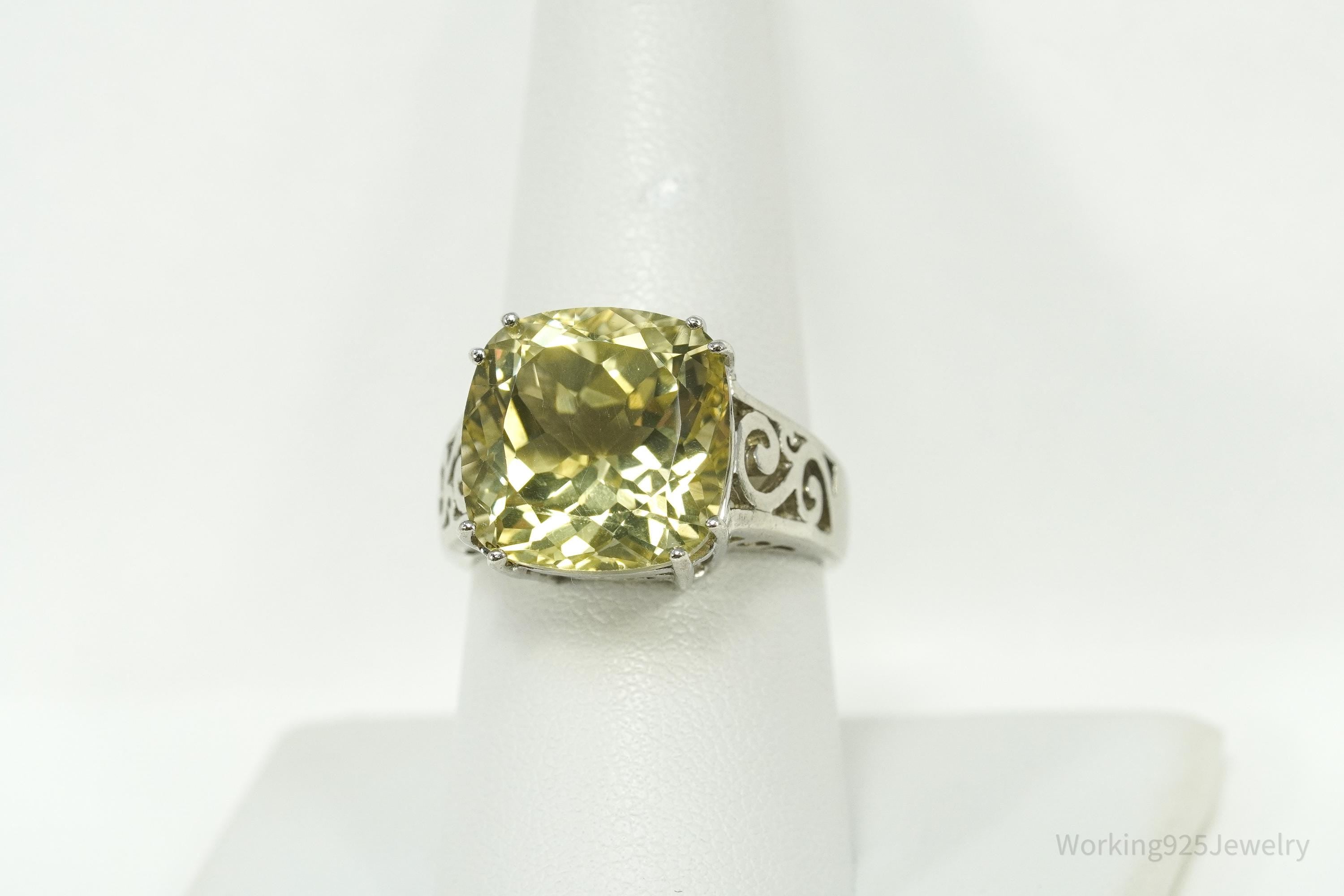 Vintage Large Lemon Citrine Sterling Silver Ring - Size 8