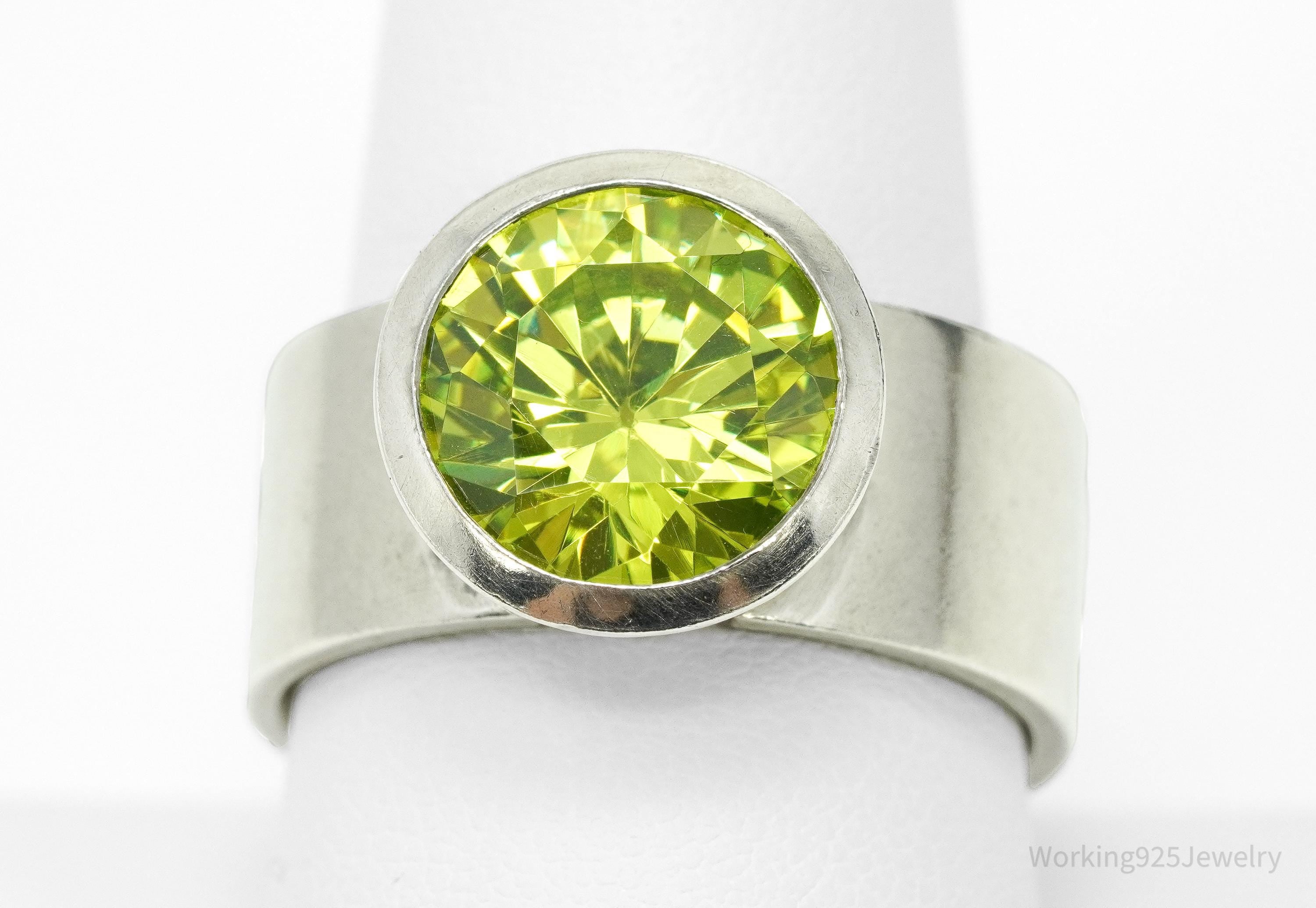 Vintage Large Green Cubic Zirconia Silver Ring - Size 9.75