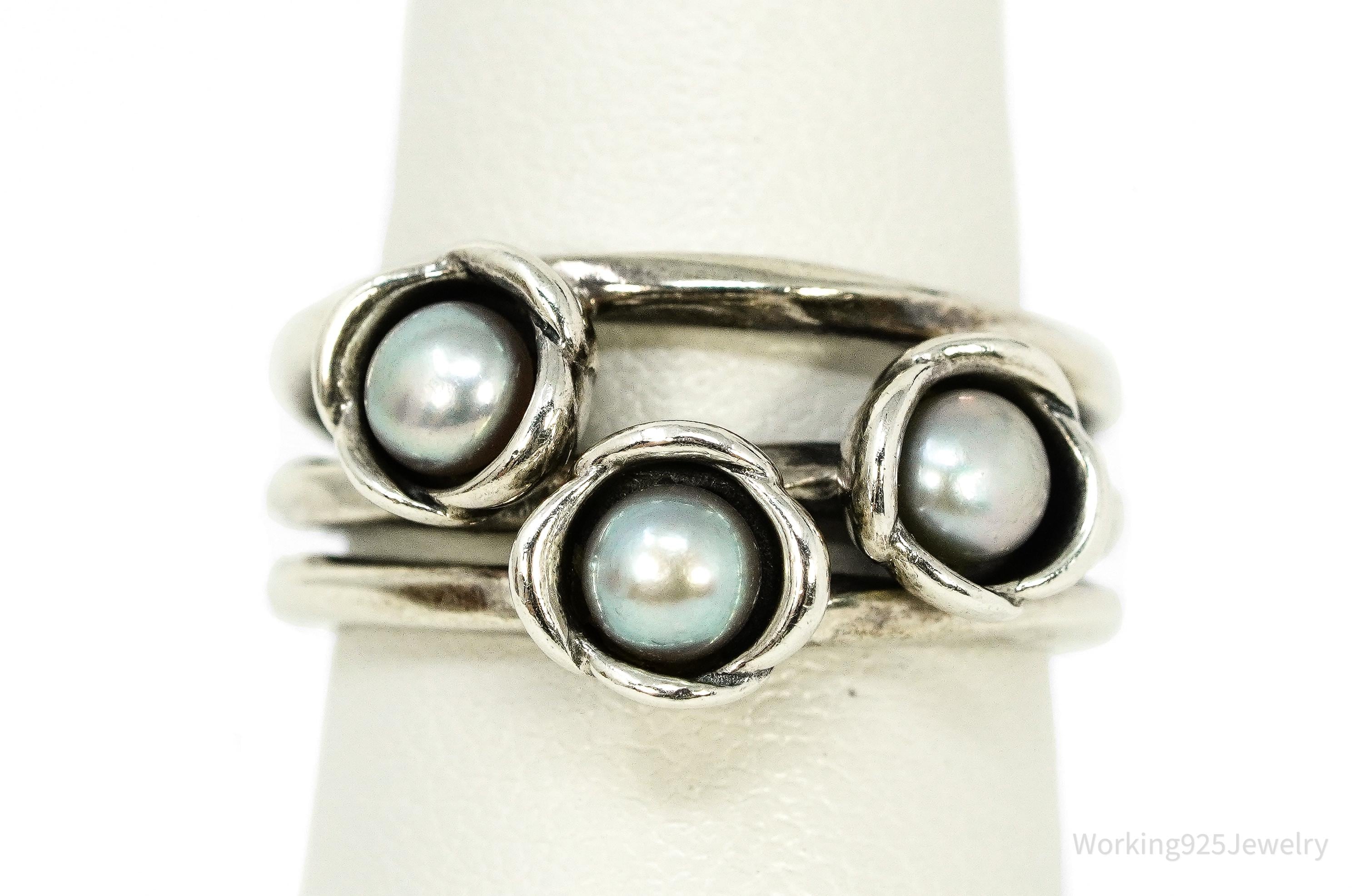 Retired Vintage Designer Pandora Pearl Three Wishes Sterling Silver Ring - Size 6