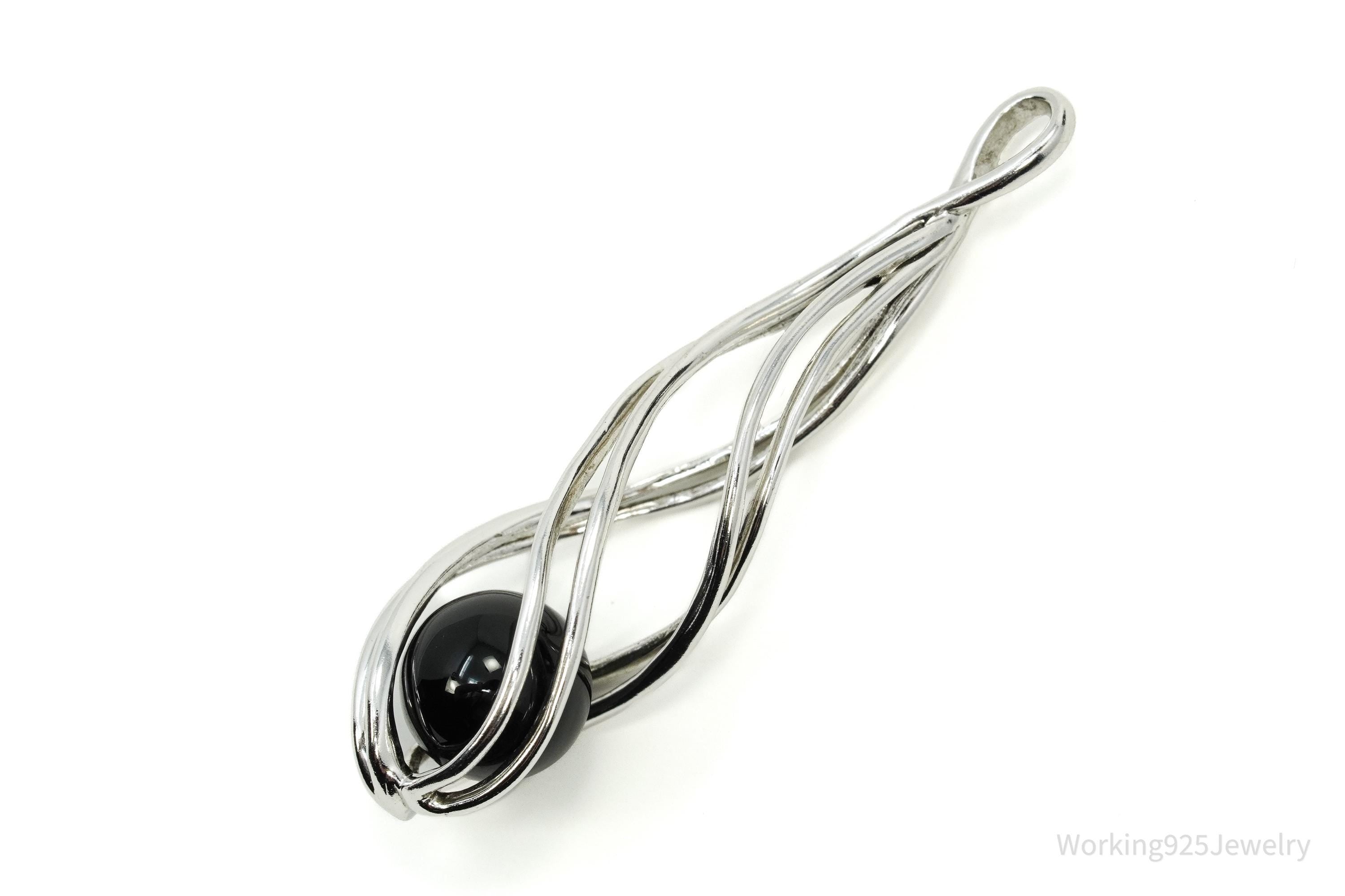 Vintage Designer Spiral Caged Black Onyx Sterling Silver Necklace Pendant