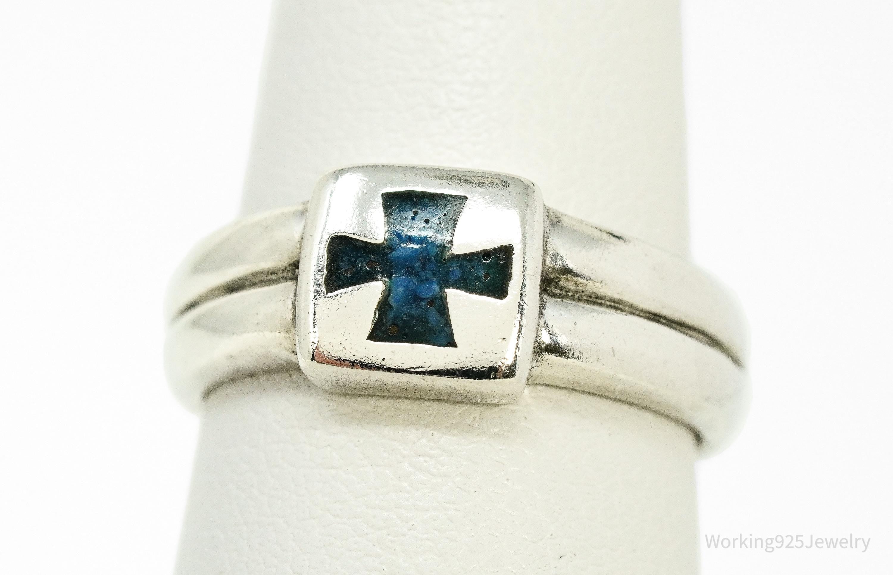 Vintage Blue Lapis Lazuli Inlay Cross Sterling Silver Ring - Size 6.75