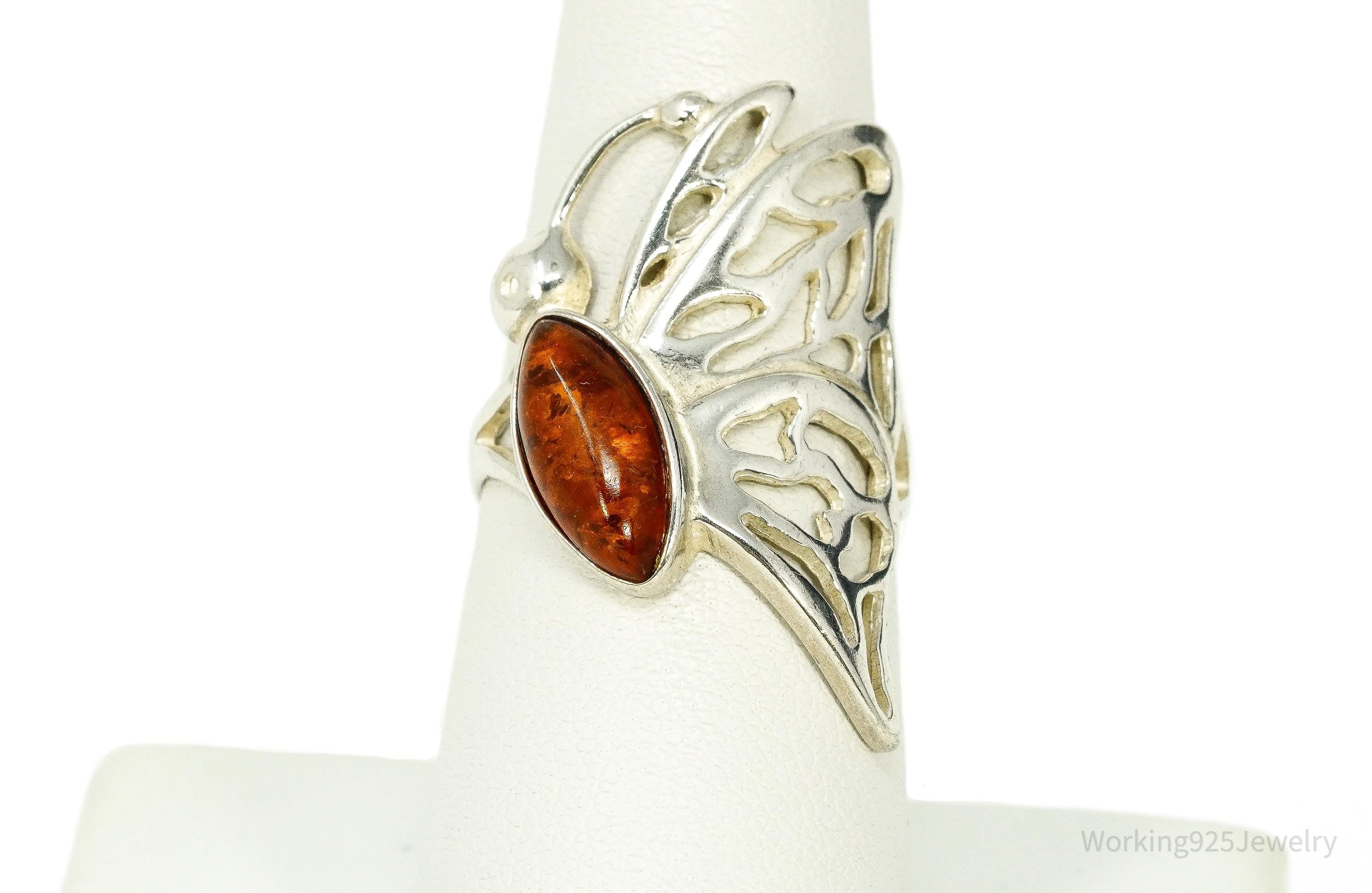 Vintage Amber Butterfly Sterling Silver Ring - Size 7.5