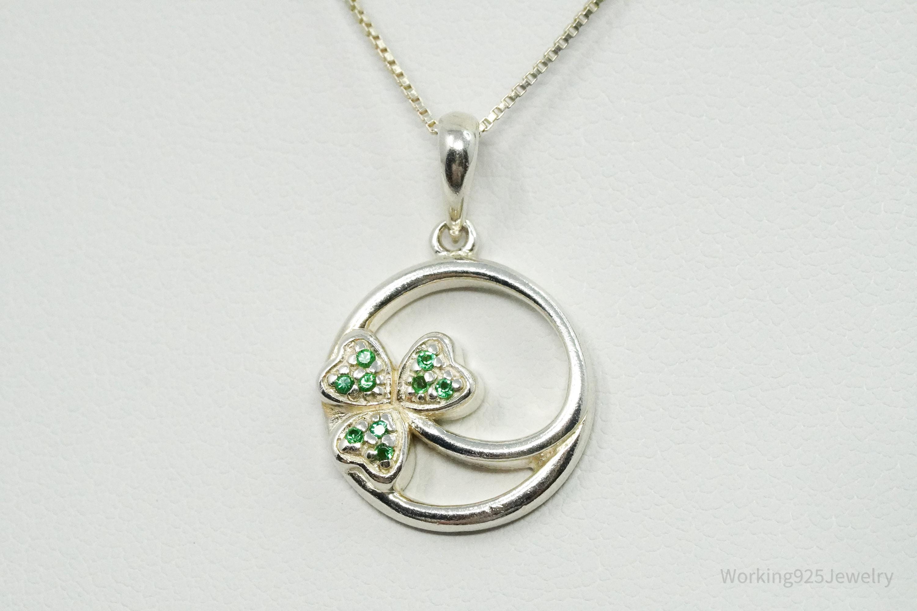 Vintage SOLVAR Three Leaf Clover Green Stone Sterling Silver Necklace - 16"
