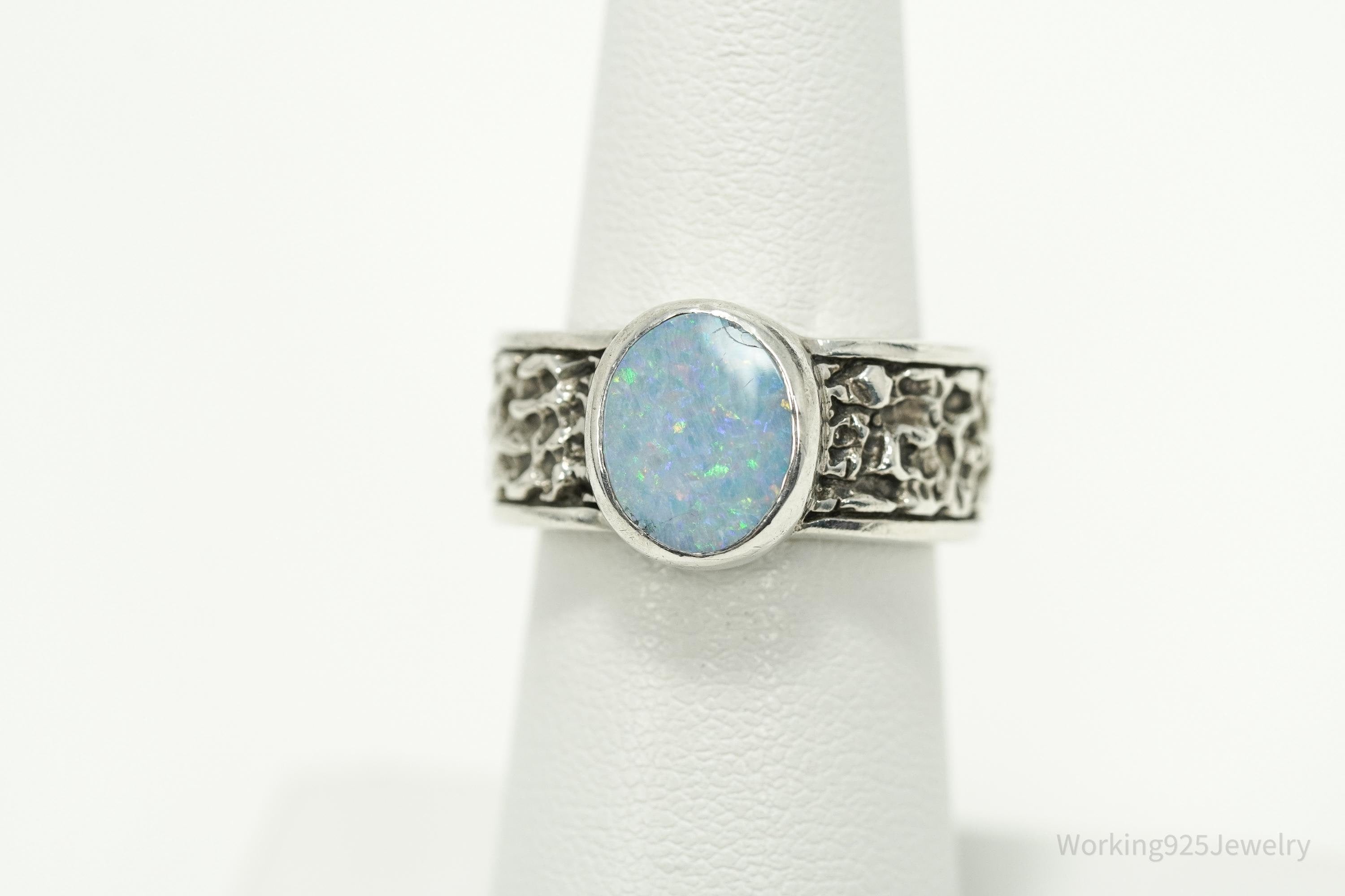 Vintage Opal Brutalist Style Sterling Silver Ring - Size 6.25
