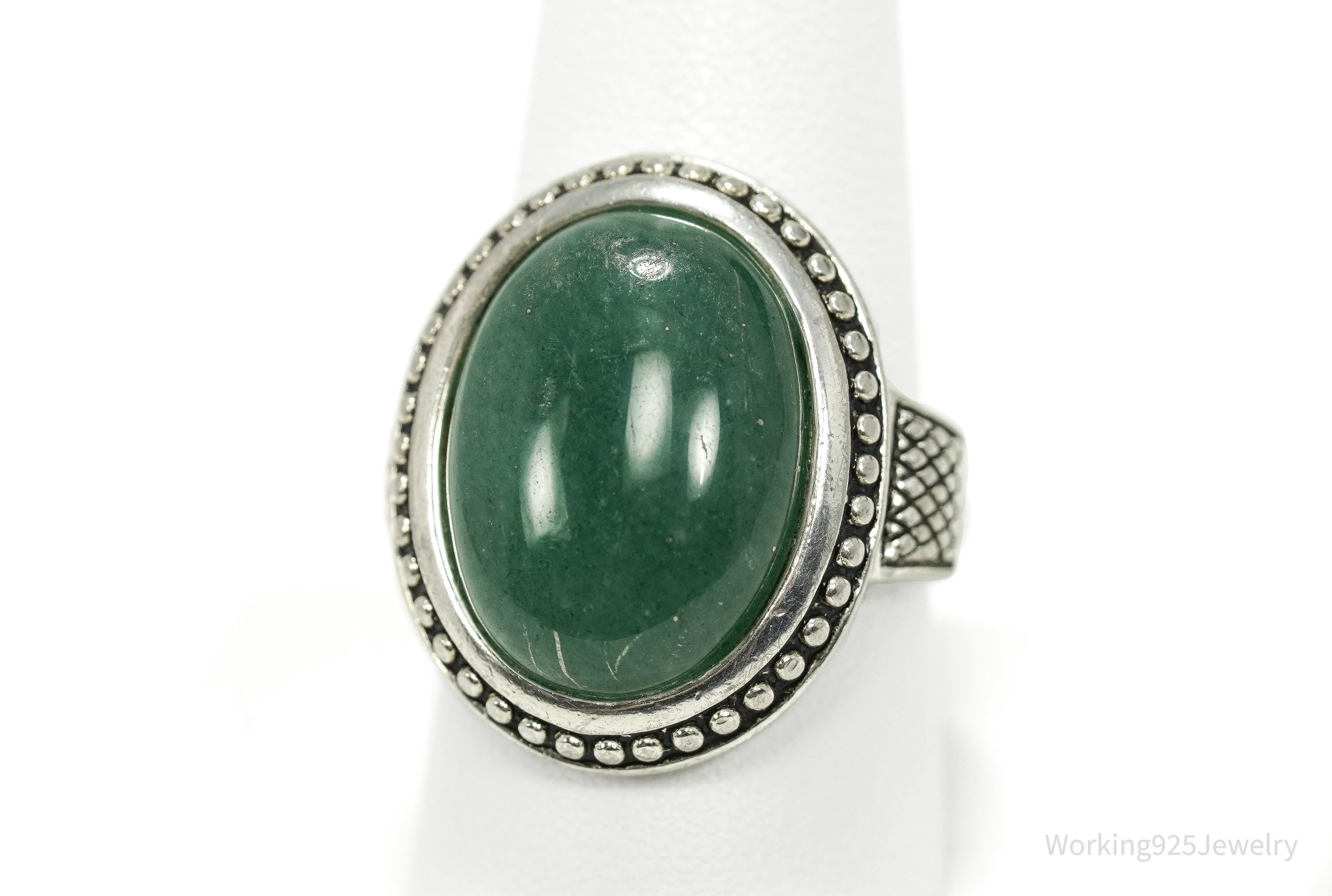 Vintage Large Green Aventurine Sterling Silver Ring - Size 9