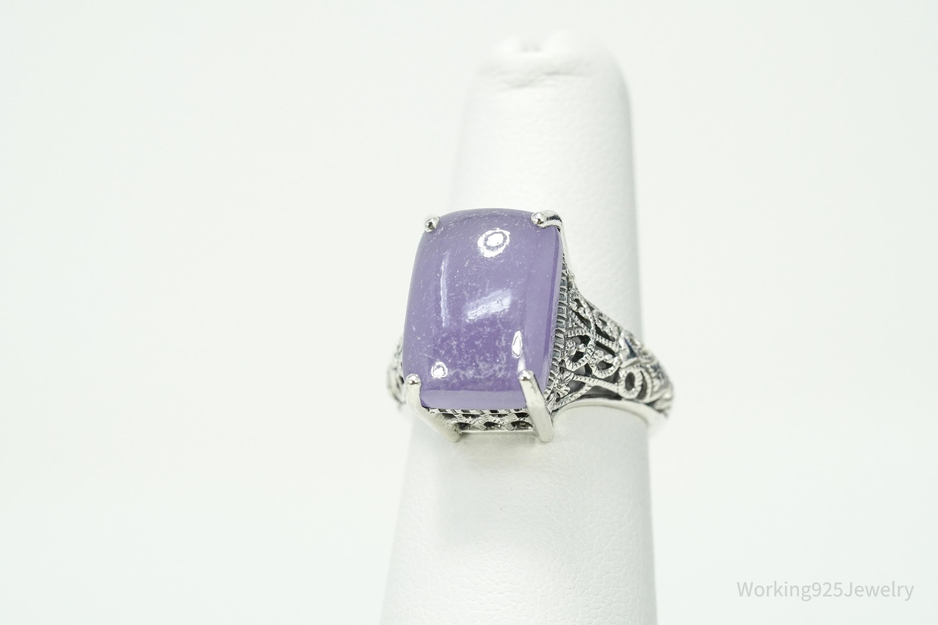 Vintage Lavender Jade Sterling Silver Ornate Ring - Size 5.25