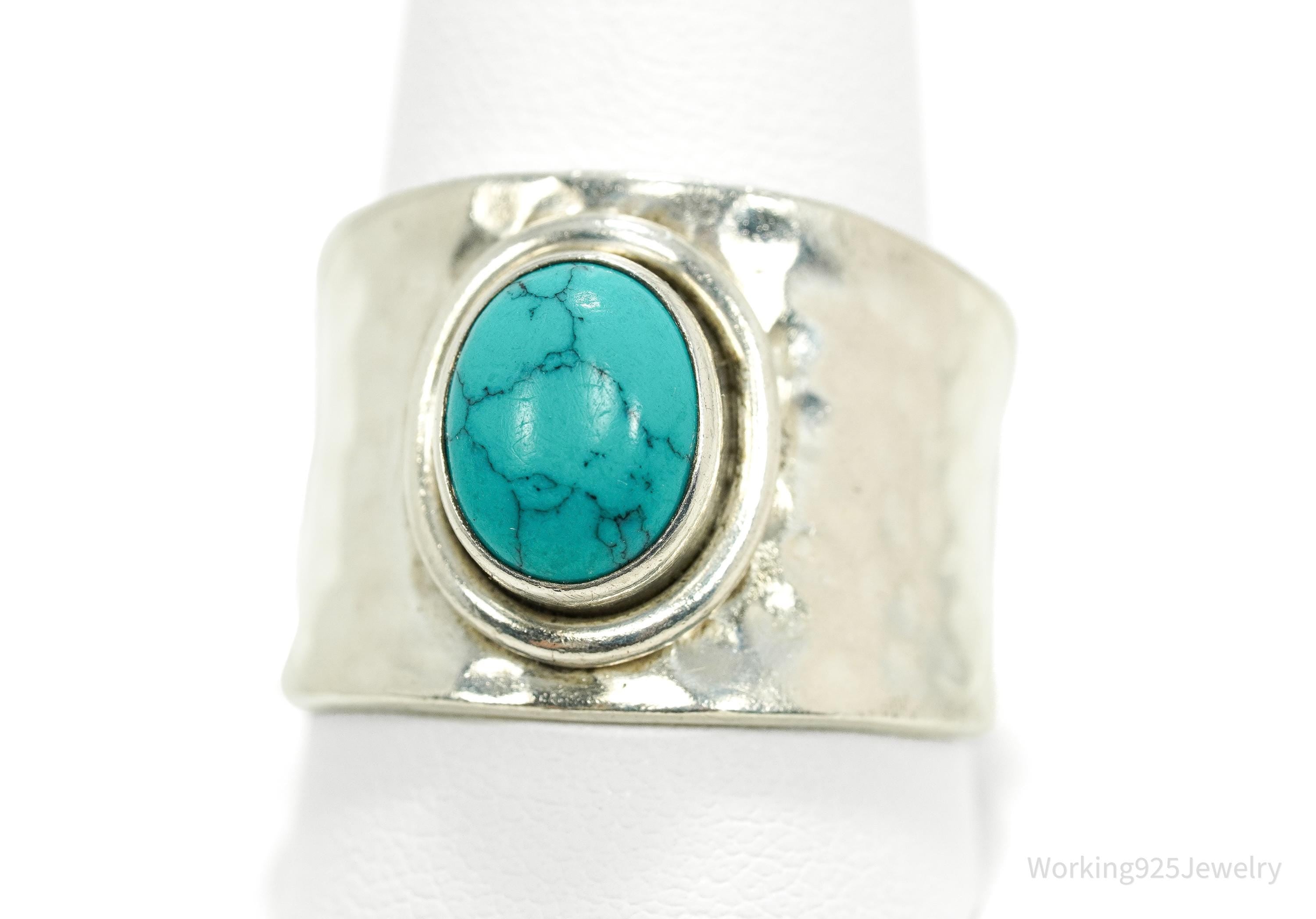 Vintage Turquoise Hammered Style Silver Ring - Size 12