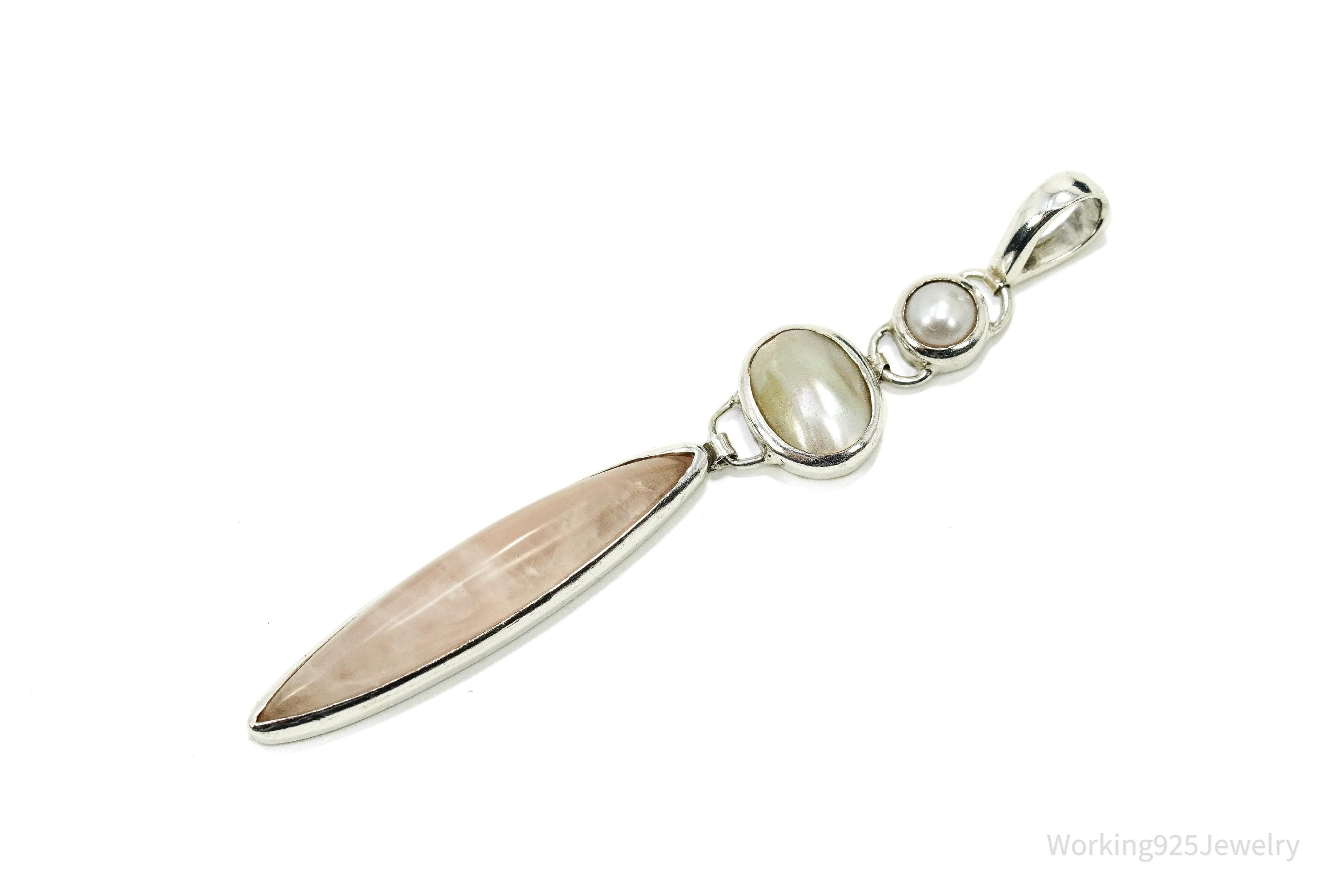 Vintage Rose Quartz Mother Of Pearl & Pearl Sterling Silver Pendant