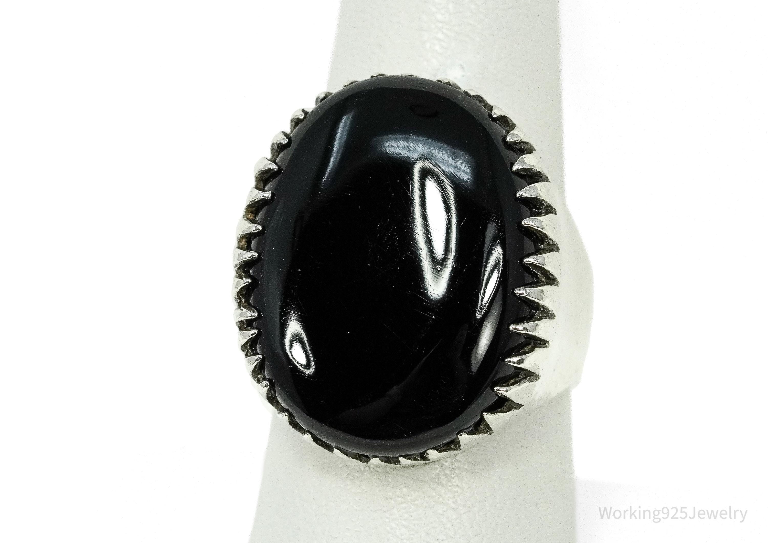 Vintage Large Black Onyx Sterling Silver Ring - Size 8.25