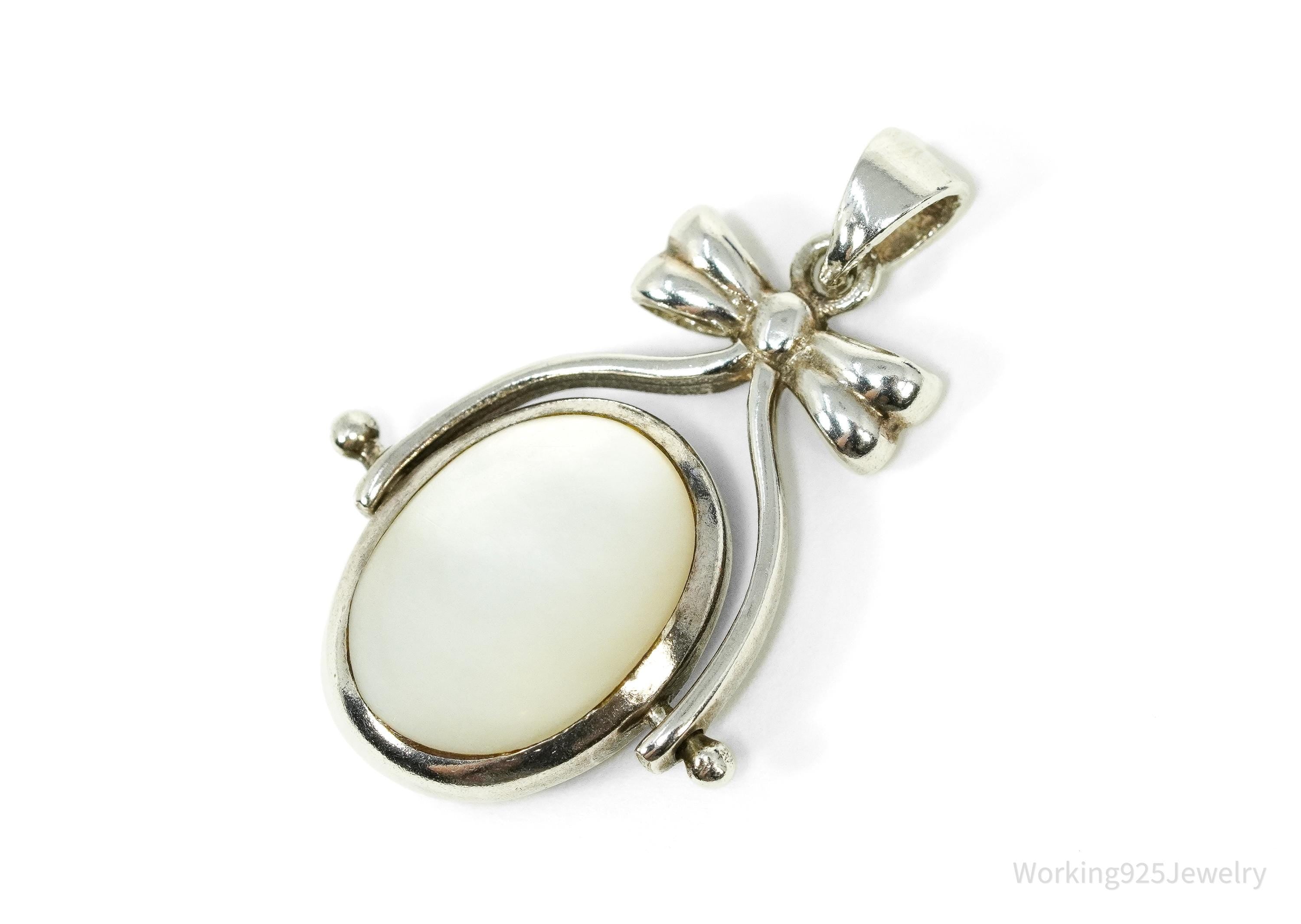 Vintage Black Onyx & Mother Of Pearl Spinning Fob Sterling Silver Pendant