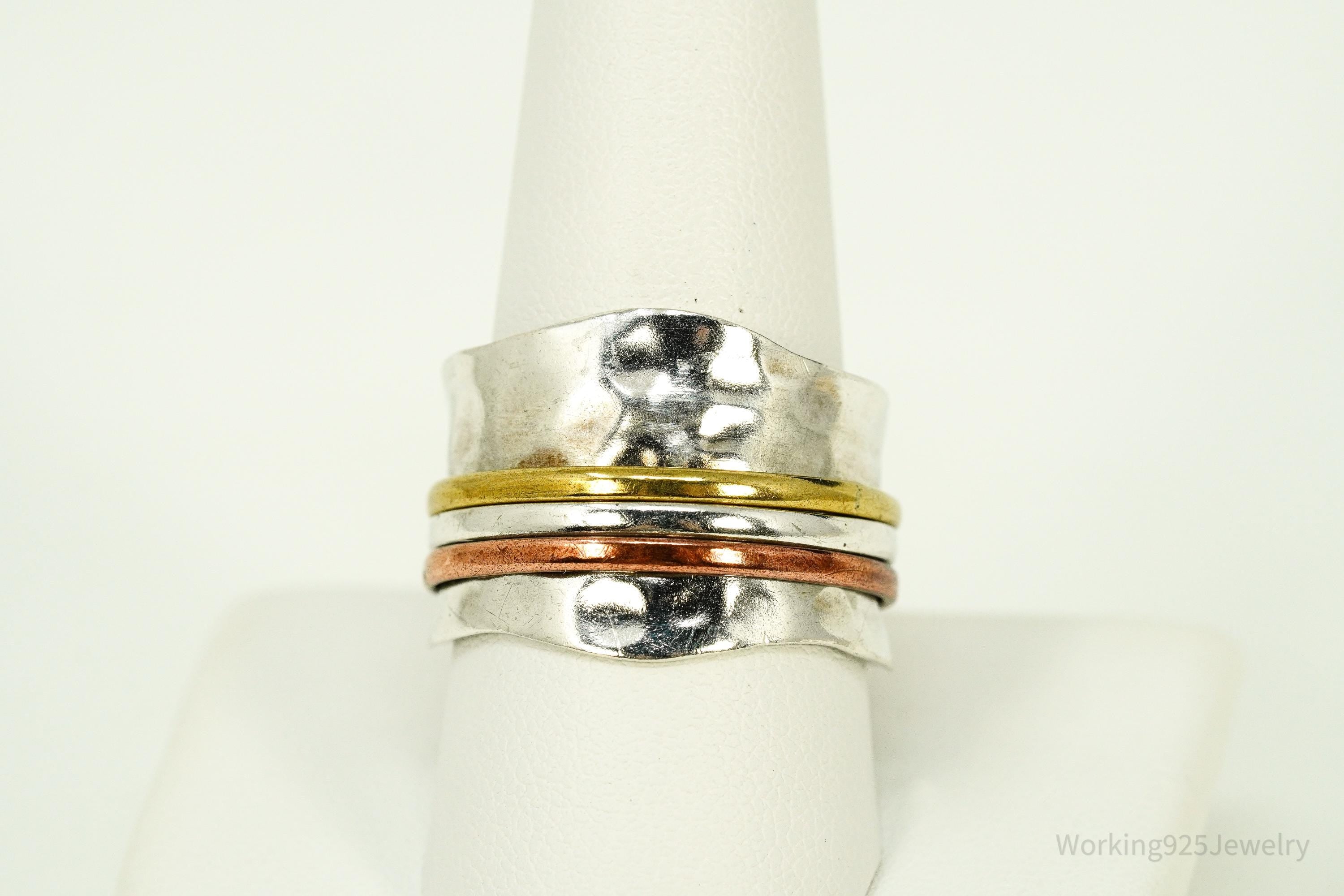 Vintage Brass Copper Sterling Silver Israel Spinner Band Ring- Size 10.5