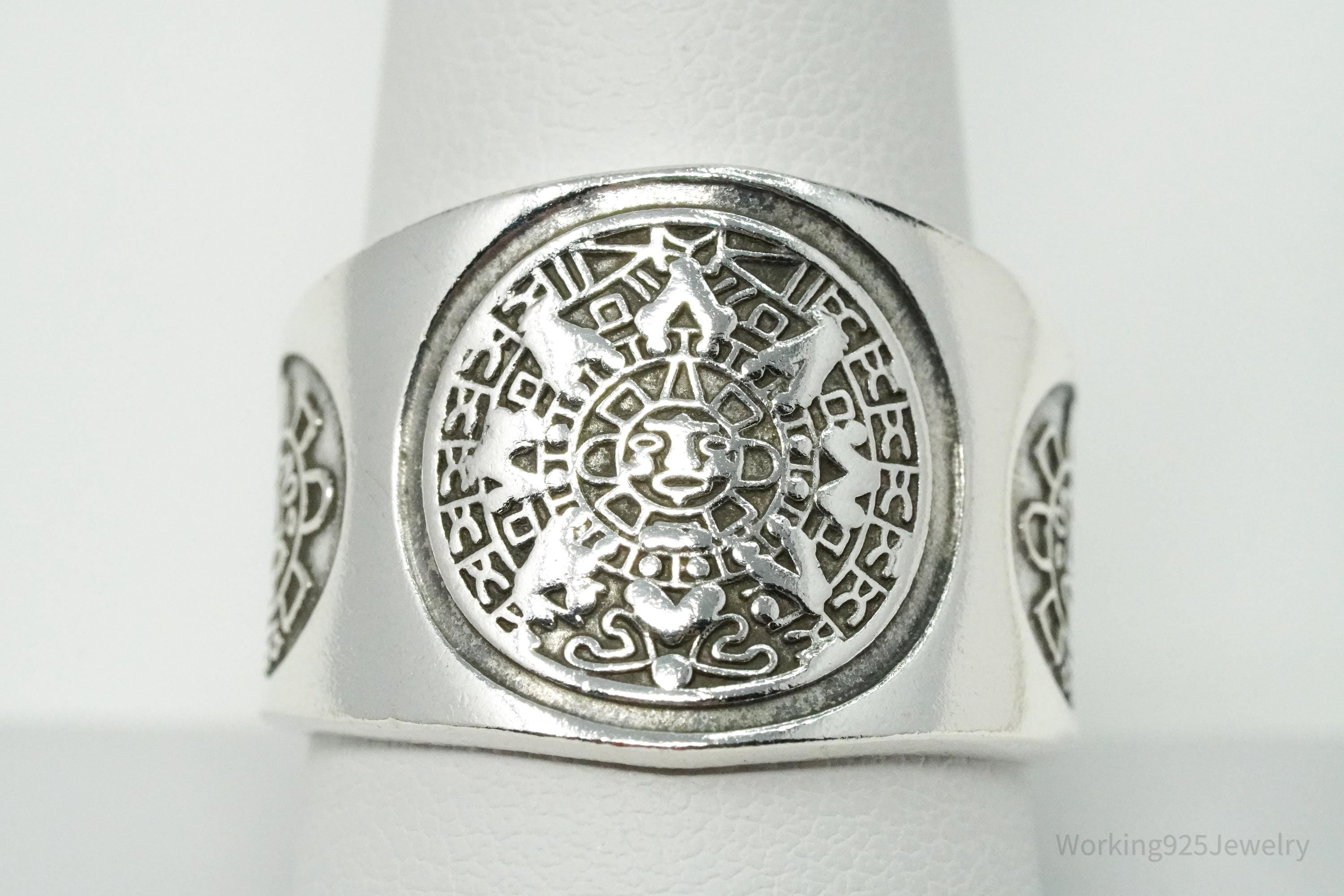 Vintage Aztec Mayan Sun Calendar Sterling Silver Ring Size 10
