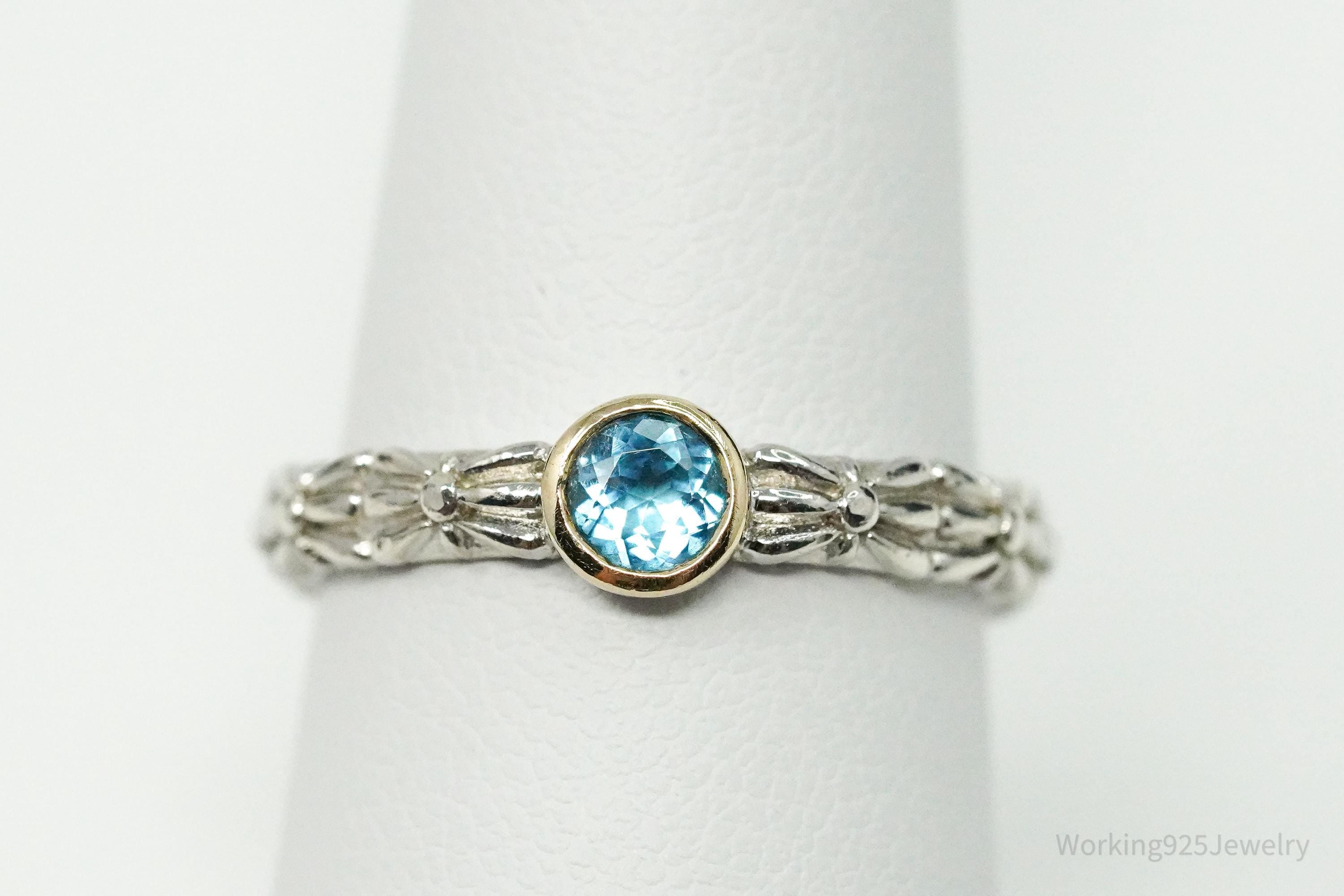 Vintage QCD Blue Topaz 14K Yellow Gold Sterling Silver Ring - Size 7