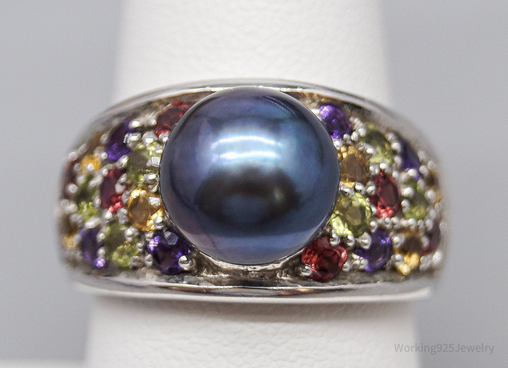 Vintage Designer Pearl & Multi Gem Sterling Silver Ring - Size 8