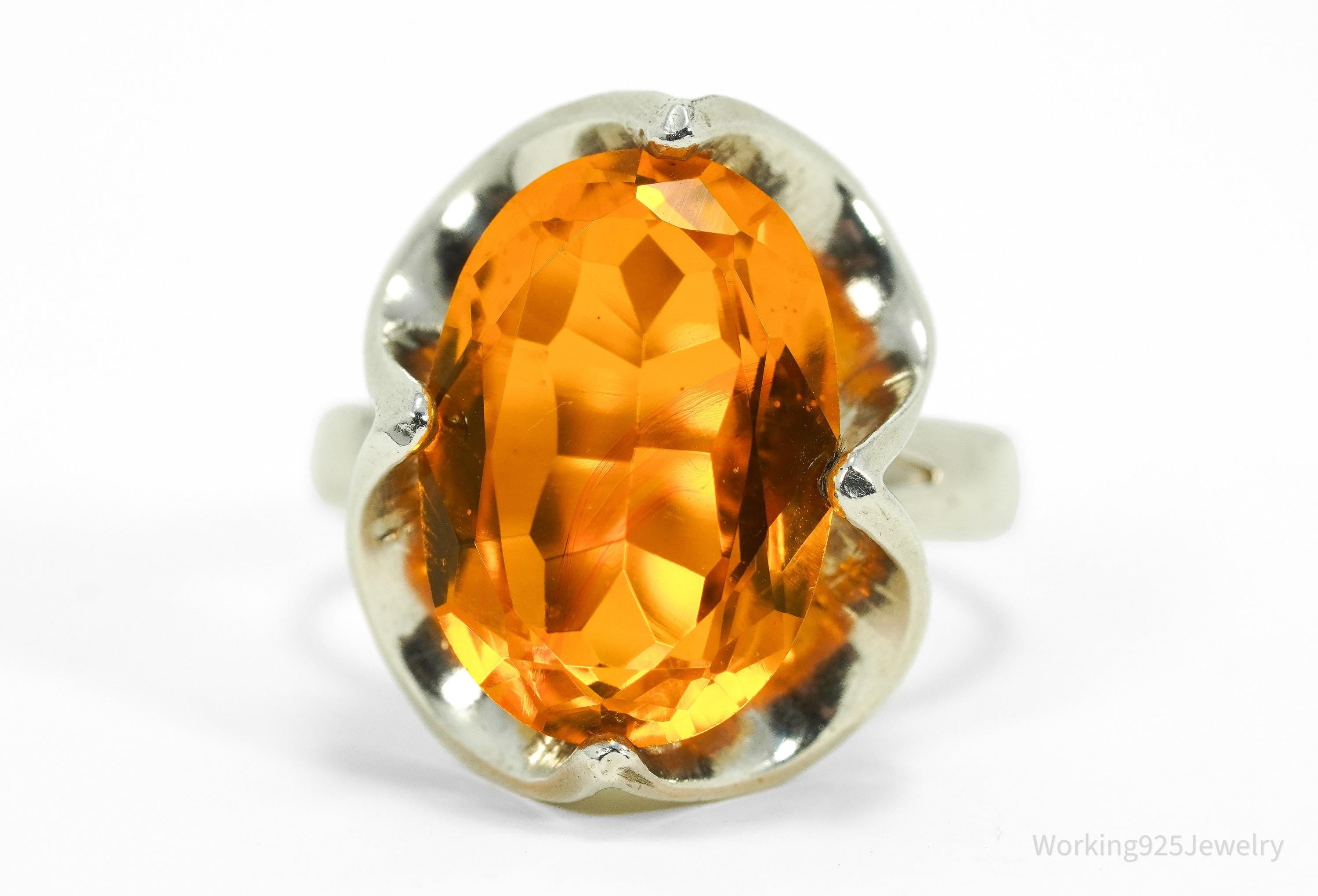 Vintage Mexico Modernist Fire Orange Paste Glass Stone Sterling Silver Ring - Size 10.25