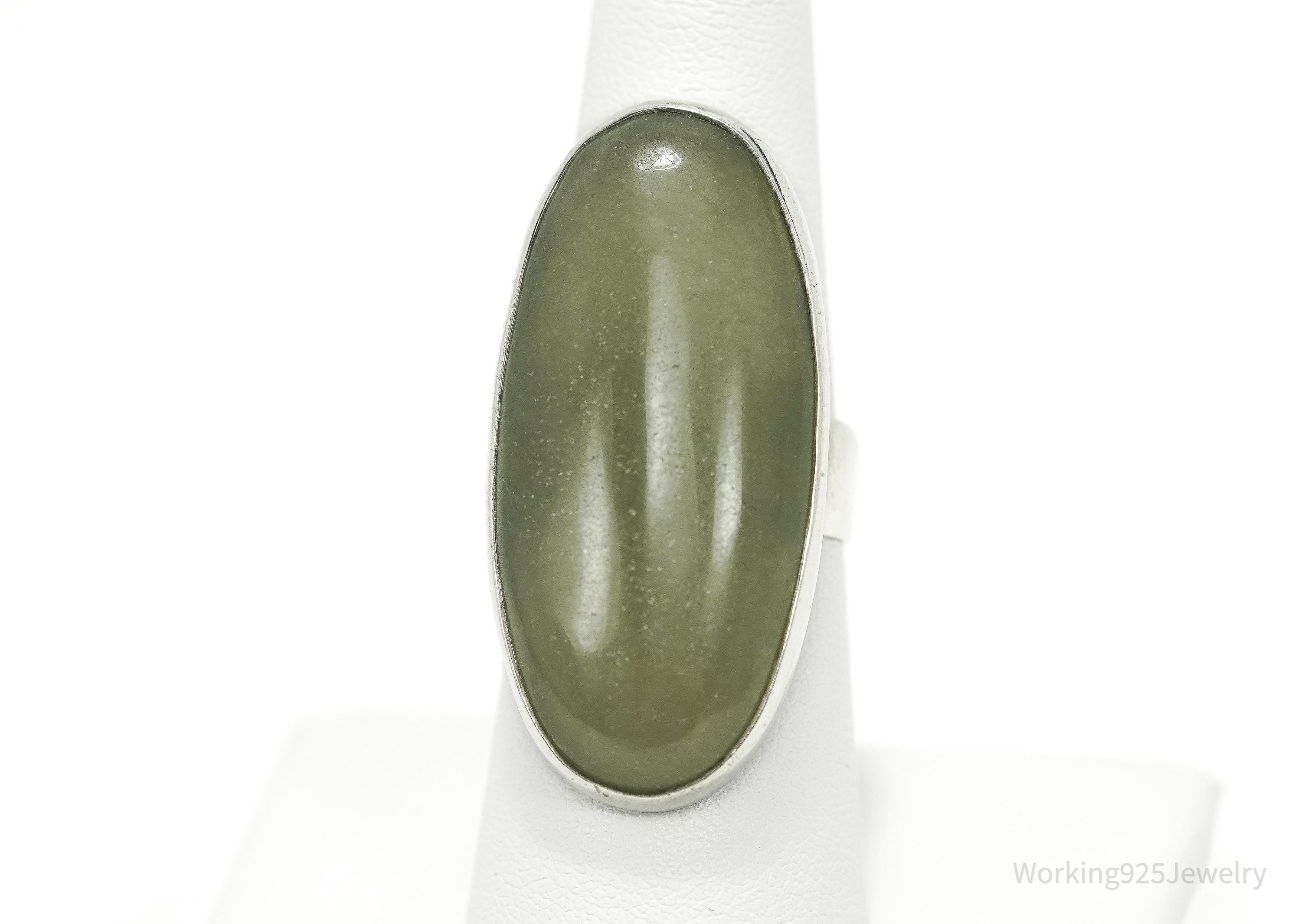 Vintage Large Green Stone Sterling Silver Ring - Size 7