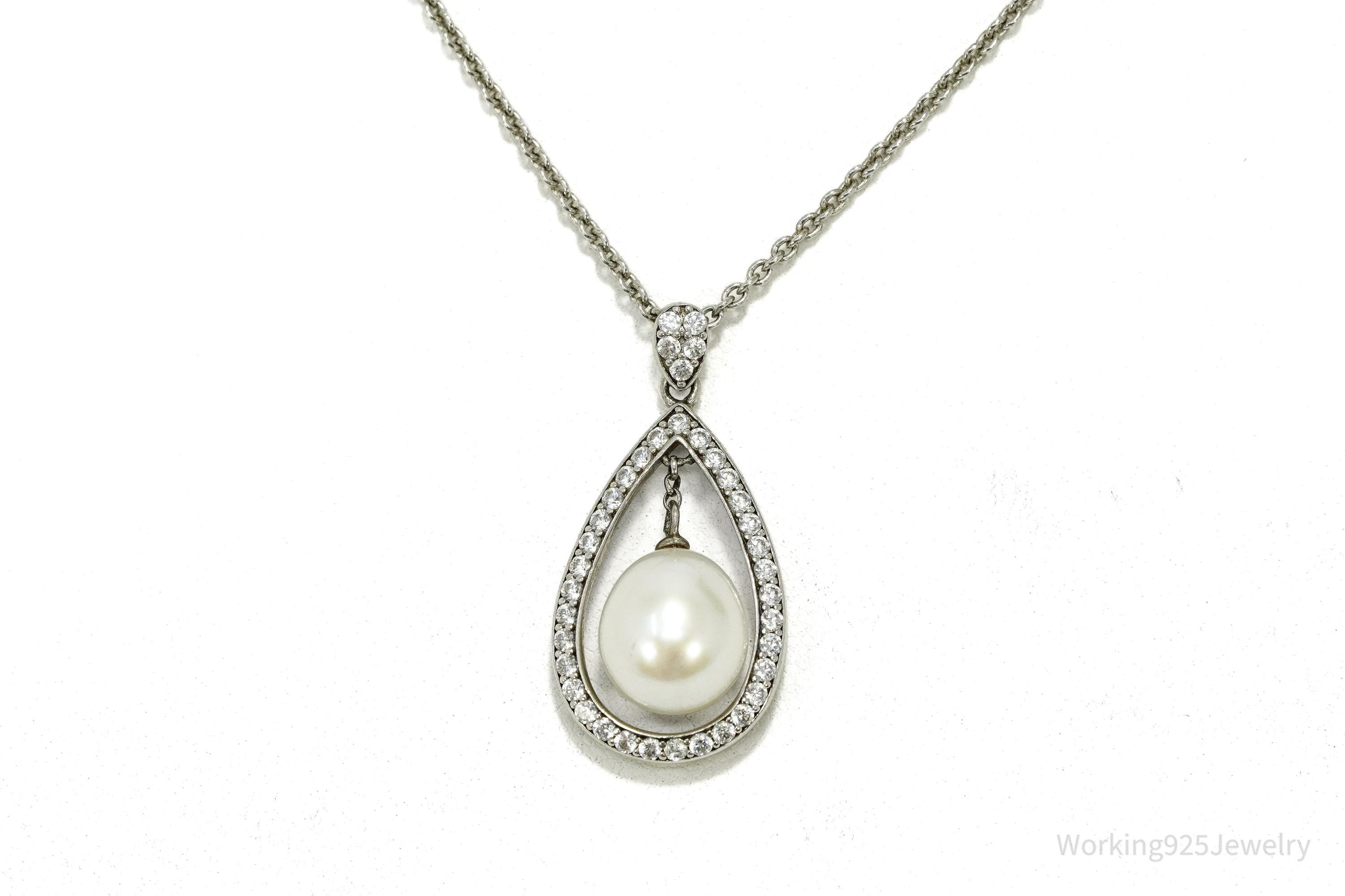 Vintage Pearl & Cubic Zirconia Sterling Silver Necklace 17"