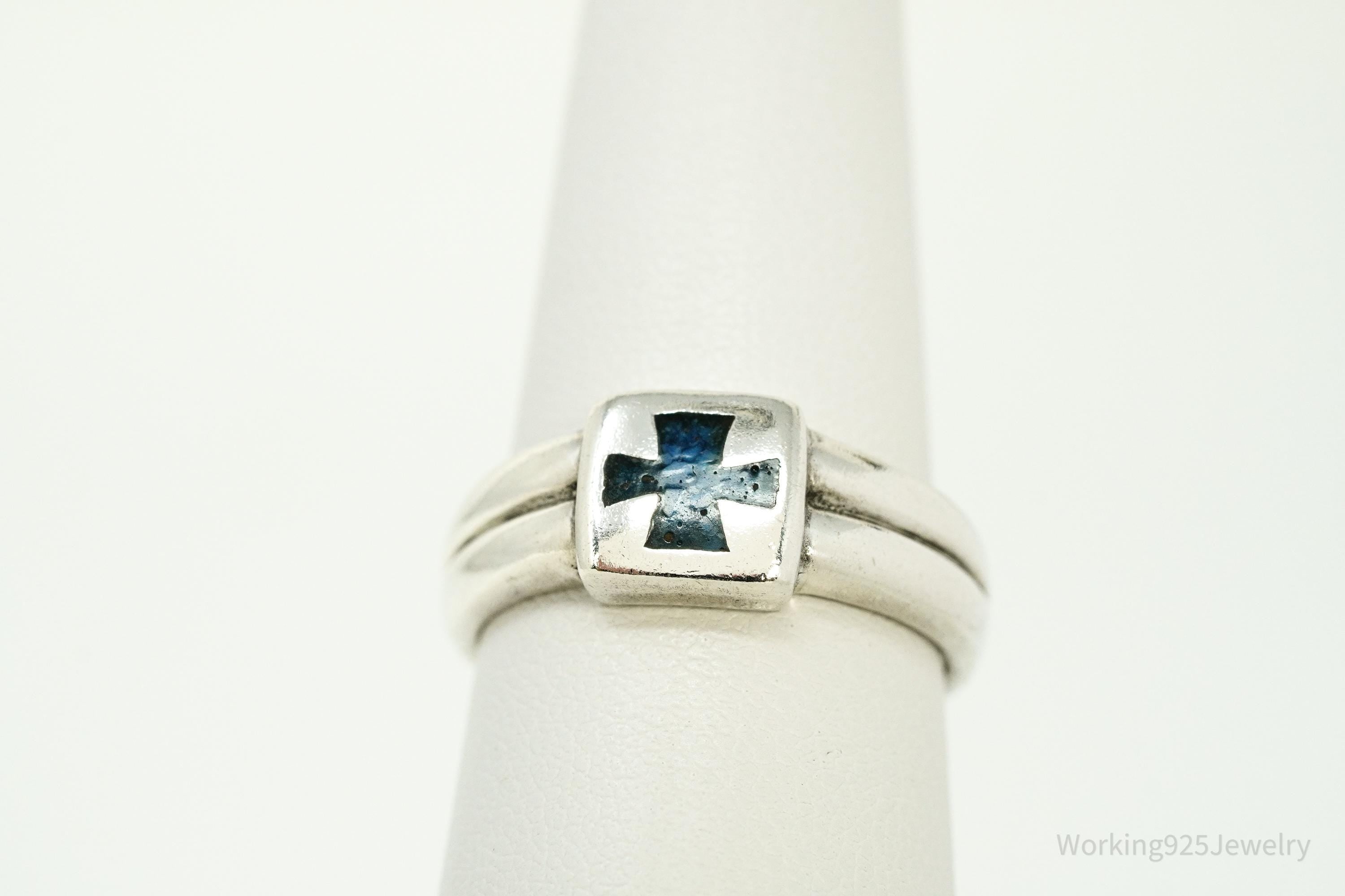 Vintage Blue Lapis Lazuli Inlay Cross Sterling Silver Ring - Size 6.75