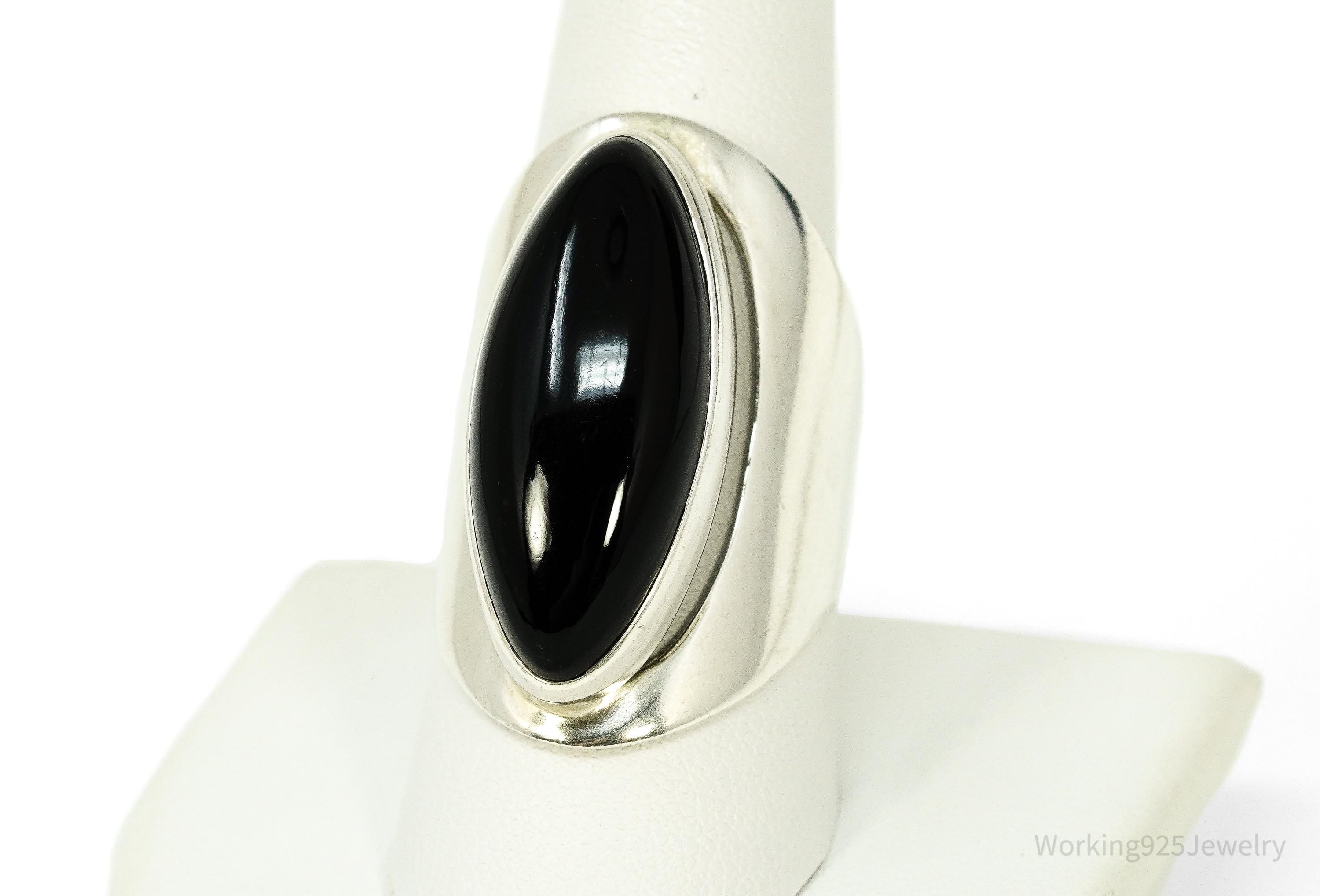 Vintage Black Onyx Modernist Style Sterling Silver Ring - Size 9.25