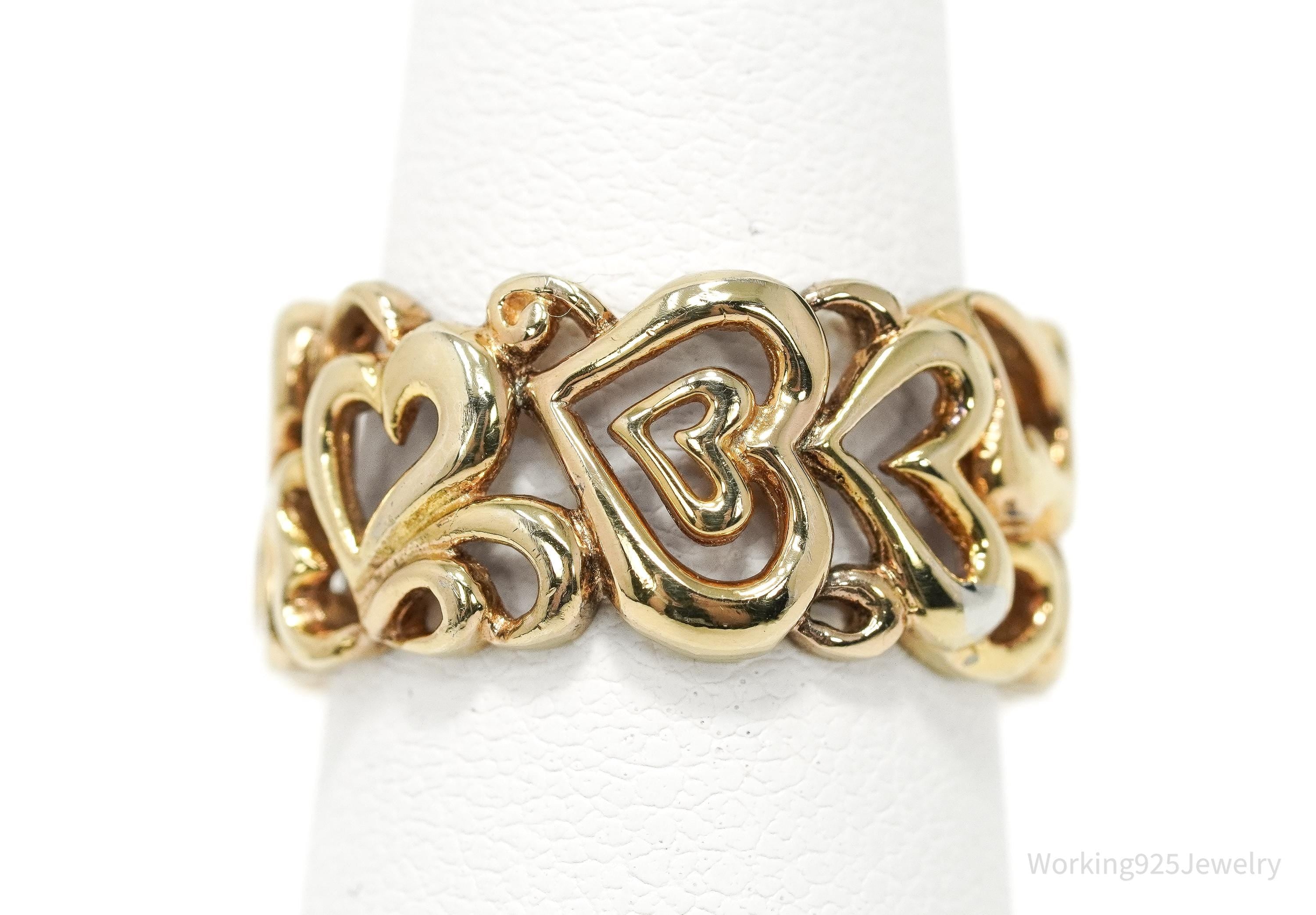 Vintage Gold Vermeil Hearts Wide Band Sterling Silver Ring Adjustable Sz 6.75