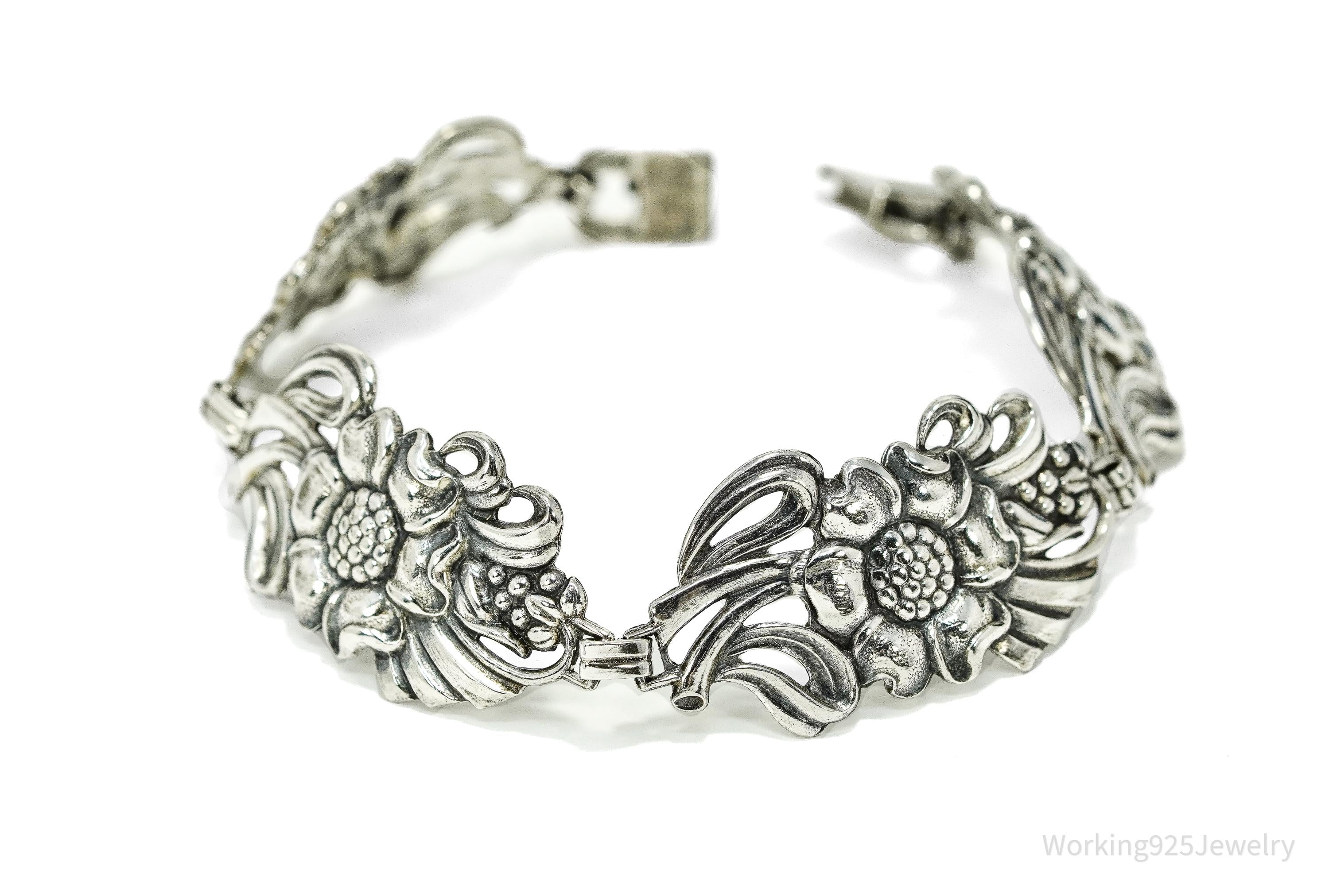 Antique Floral Sterling Silver Bracelet 7.75"