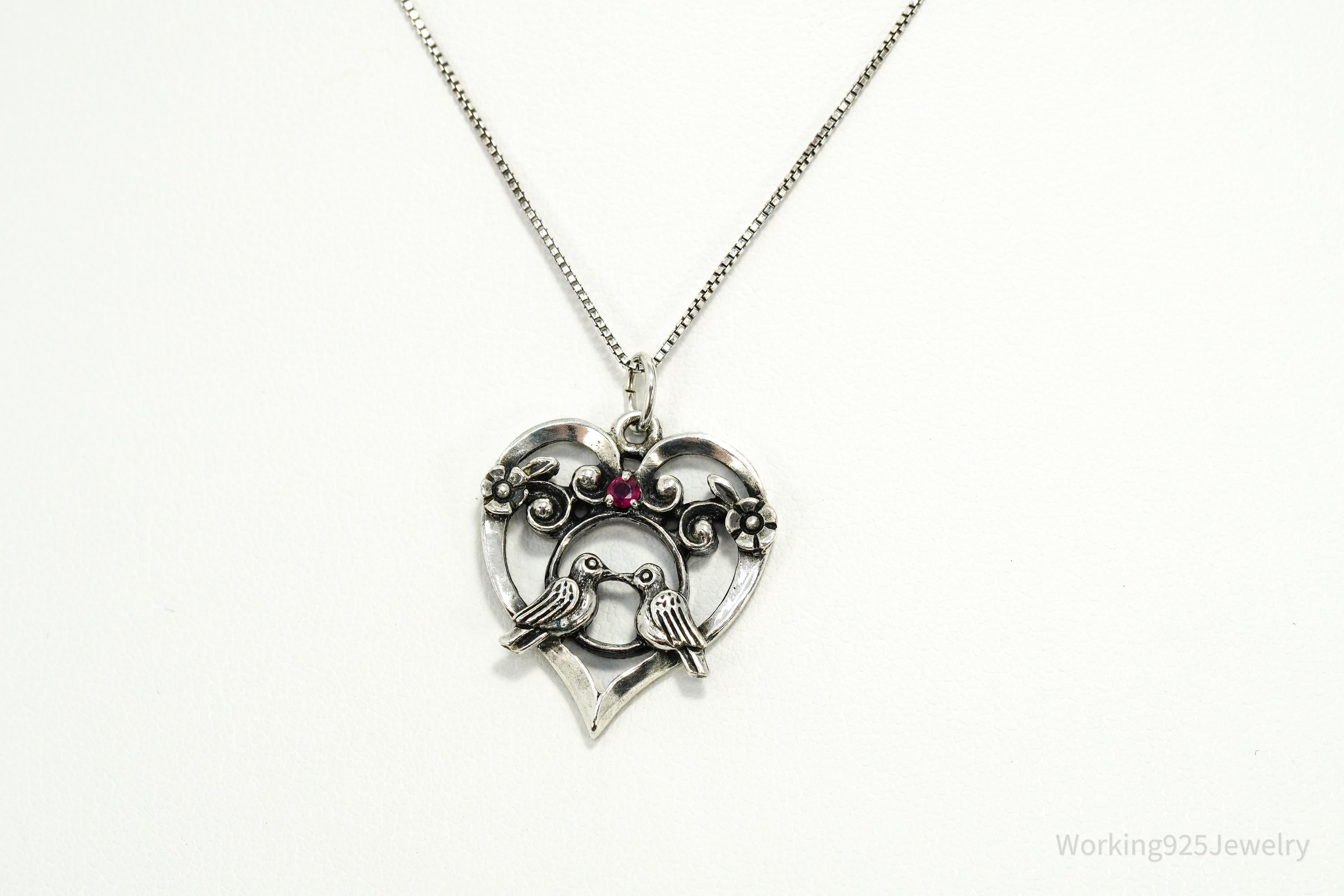 Vintage 1981 Franklin Mint Ruby Love Birds Sterling Silver Necklace 18"
