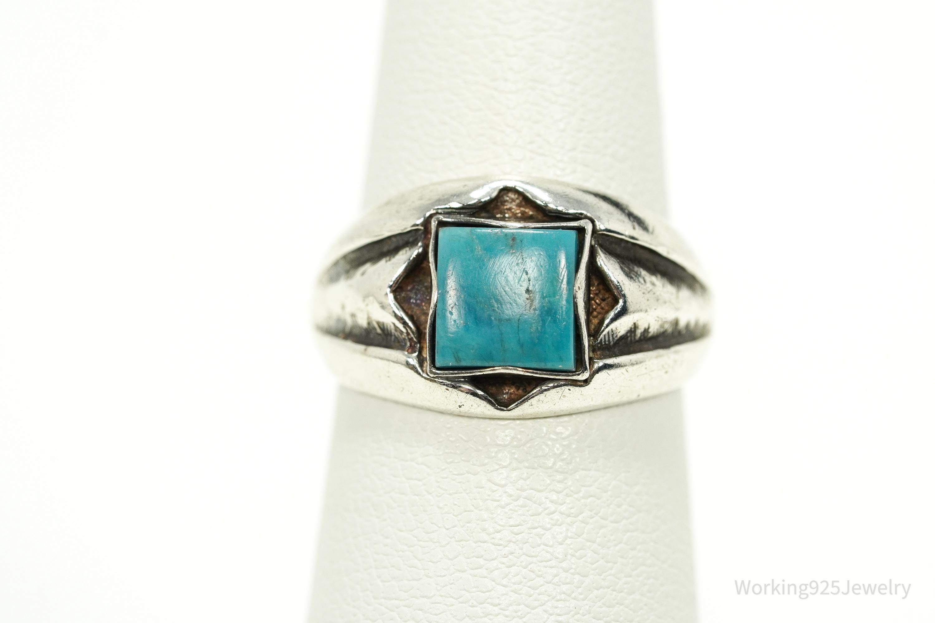 Vintage Native American Signed JP Turquoise Sterling Silver Ring - Size 6.25