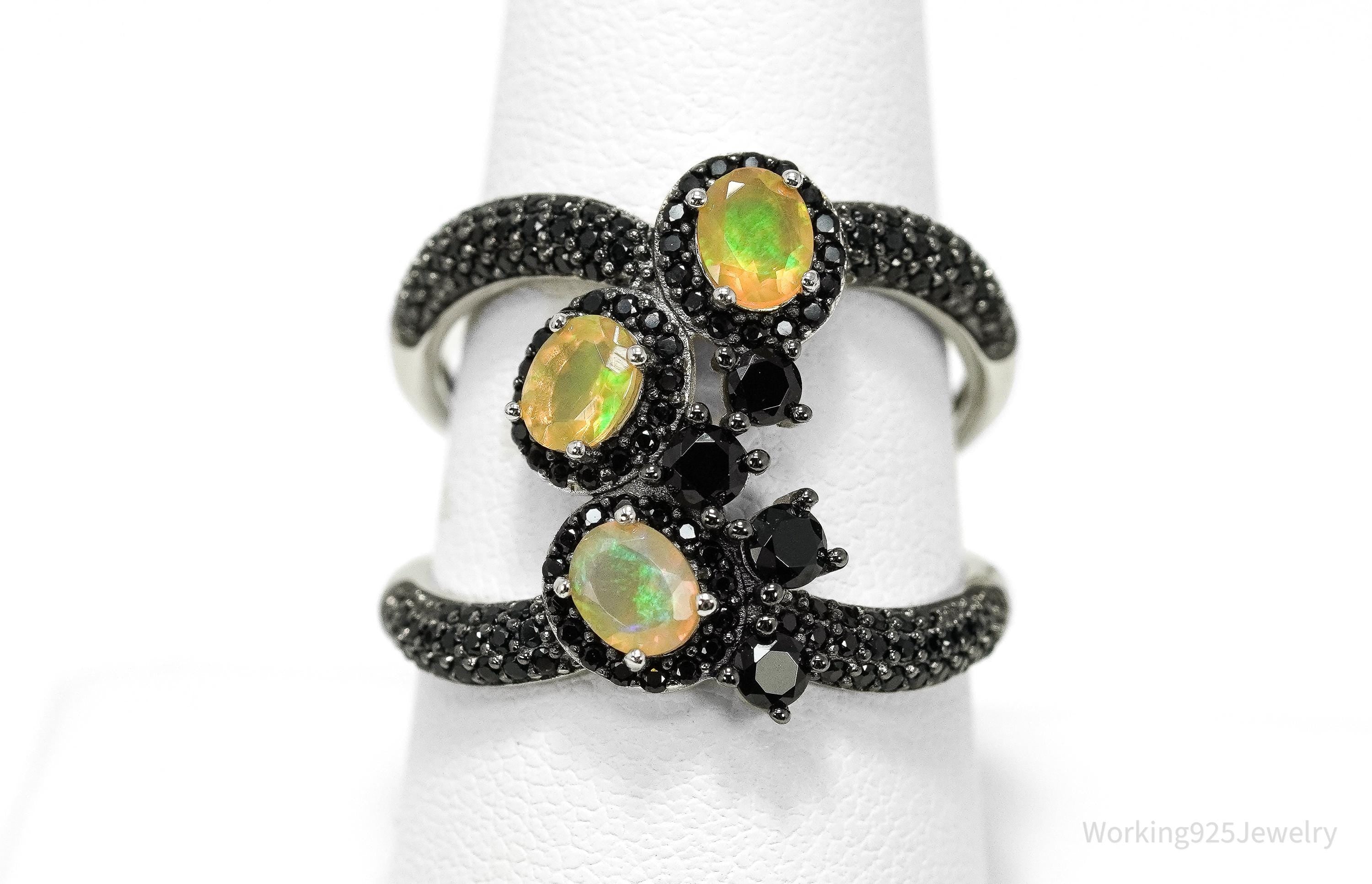 Vintage Opal & Black Spinel Sterling Silver Statement Ring – Size 9