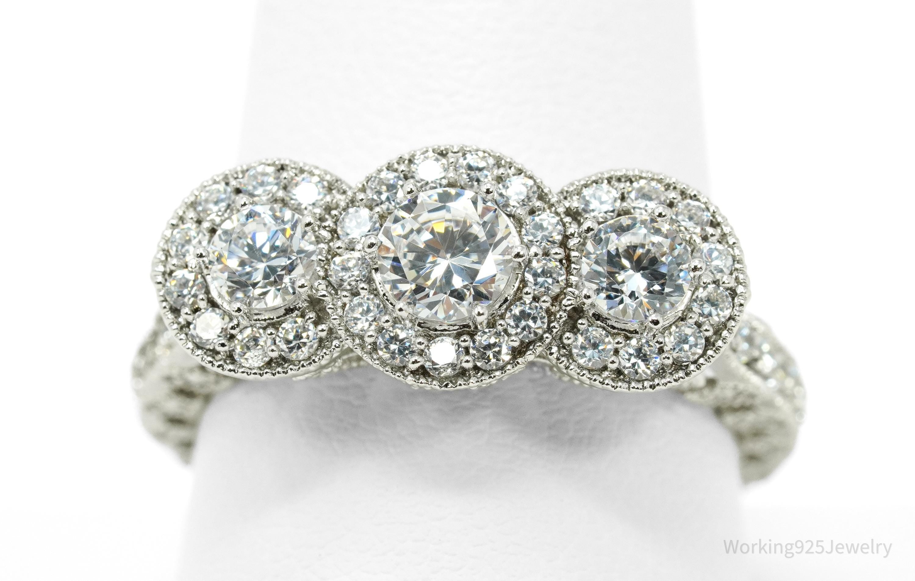 Designer STAUER Three Stone Halo Cubic Zirconia Sterling Silver Ring - Size 10